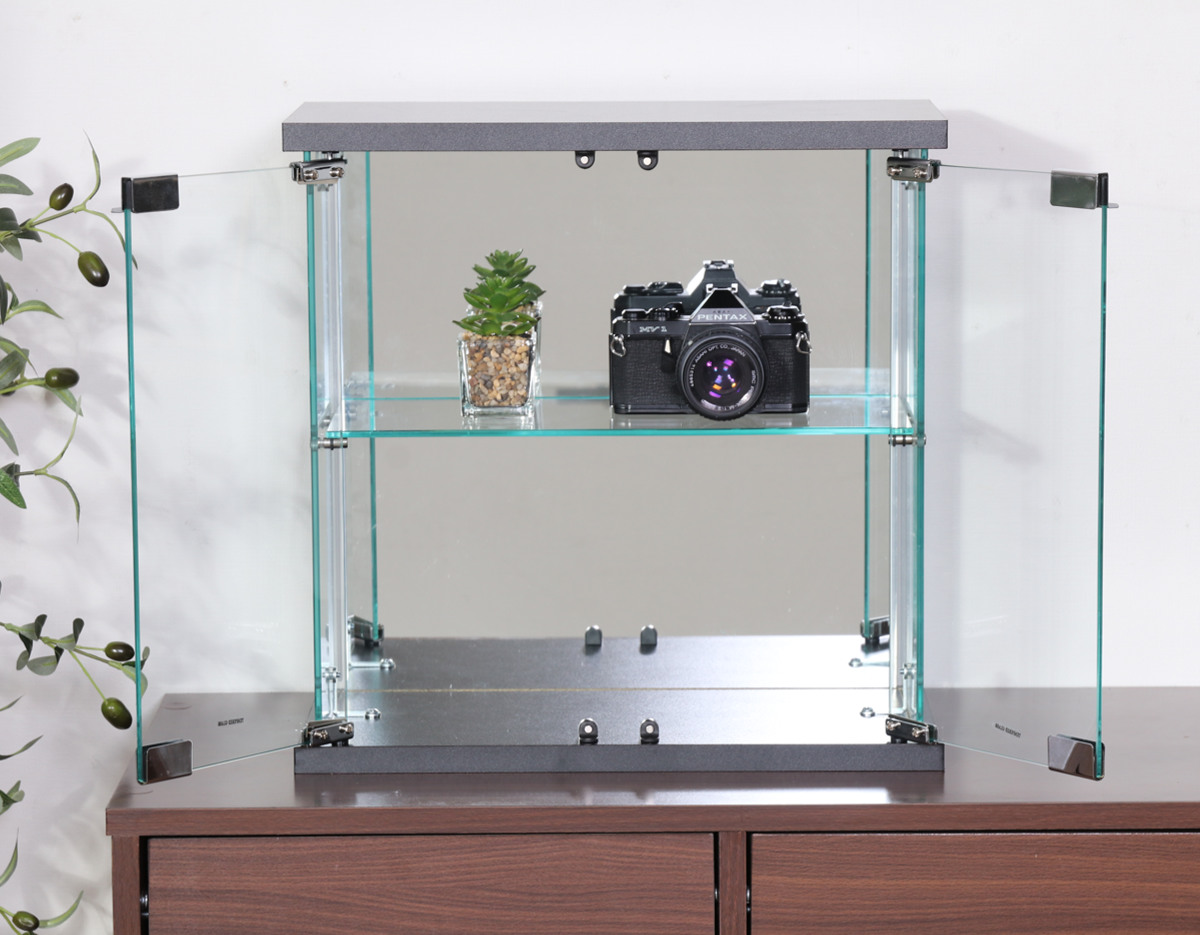 コレクションケース ガラス 幅42.5cm 背面ミラー ( 卓上 コレクション ラック 棚 ディスプレイ ガラス製 全面ガラス 棚上 収納 展示 フィギュアケース 見せる収納 ホワイト ブラック 白 黒 ) 【ブラック】 ブラック