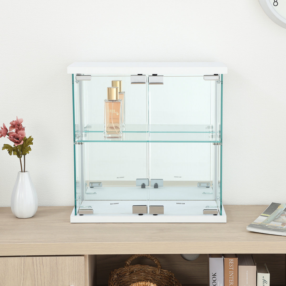 コレクションケース ガラス 幅42.5cm 背面ミラー ( 卓上 コレクション ラック 棚 ディスプレイ ガラス製 全面ガラス 棚上 収納 展示 フィギュアケース 見せる収納 ホワイト ブラック 白 黒 ) 【ブラック】 ブラック