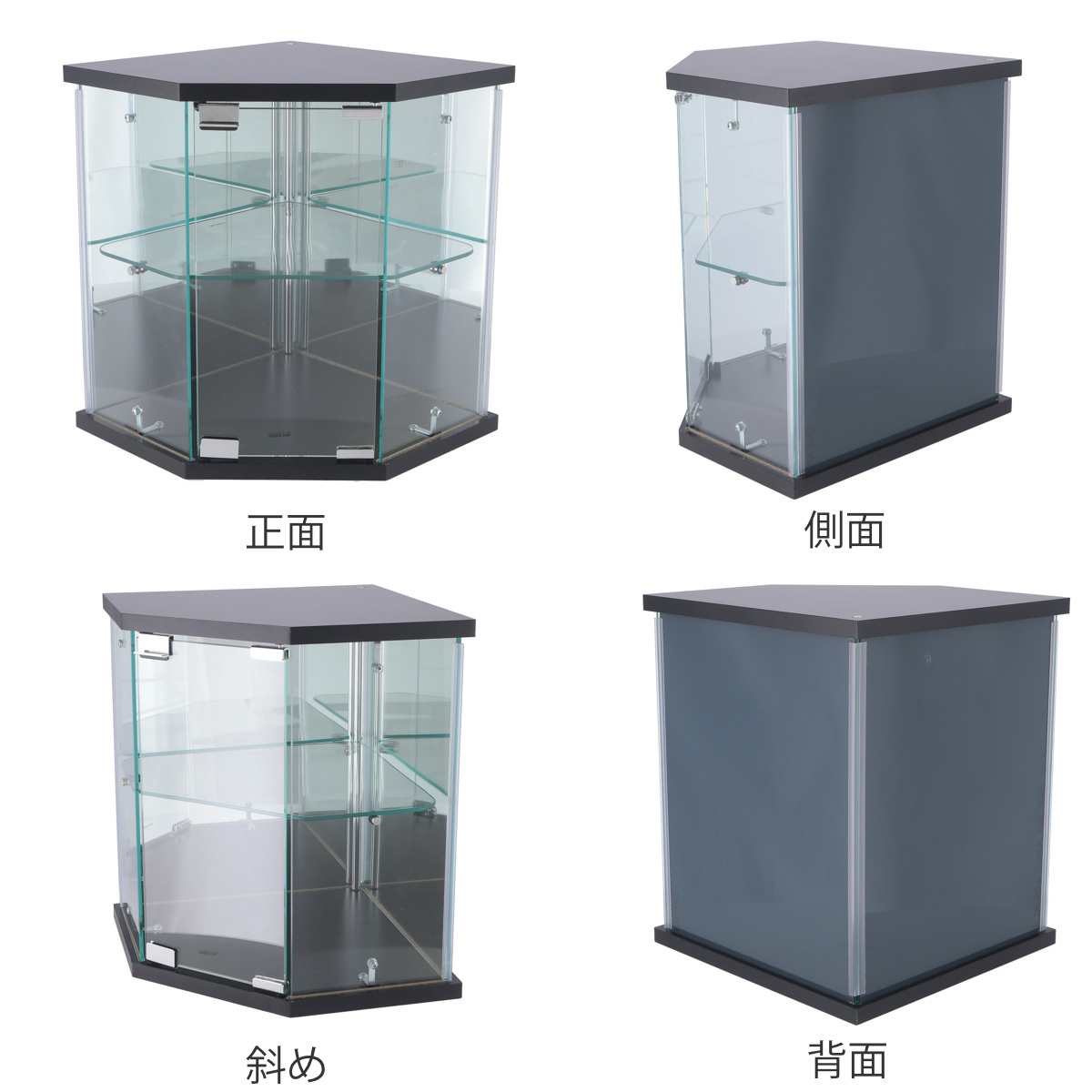 コレクションケース ガラス コーナー型 五角形 背面ミラー ( 卓上 コレクション ラック 棚 ディスプレイ ガラス製 全面ガラス 棚上 収納 展示 フィギュアケース 見せる収納 ホワイト ブラック 白 黒 ) 【ホワイト】 ホワイト