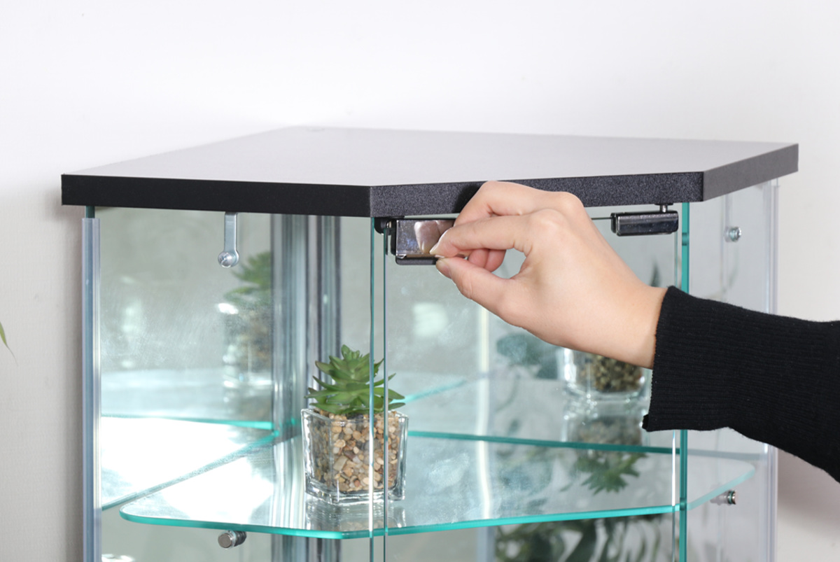 コレクションケース ガラス コーナー型 五角形 背面ミラー ( 卓上 コレクション ラック 棚 ディスプレイ ガラス製 全面ガラス 棚上 収納 展示 フィギュアケース 見せる収納 ホワイト ブラック 白 黒 ) 【ホワイト】 ホワイト