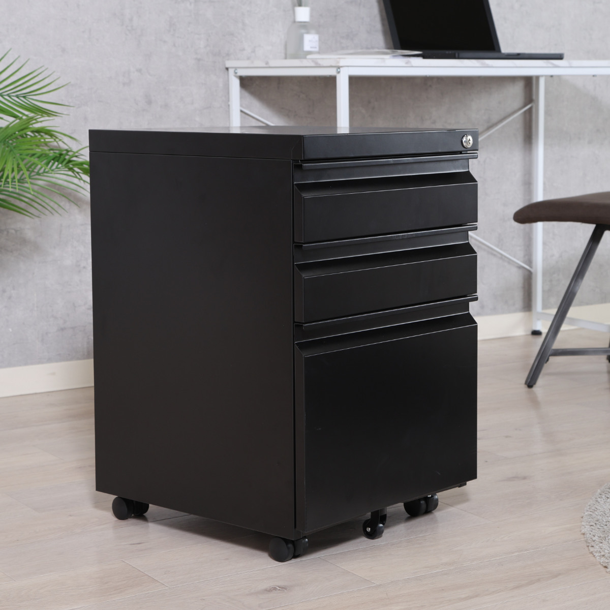 デスクワゴン キャスター付 3段 幅39cm カプリス ( ワゴン サイドワゴン 鍵付き 引き出し 収納 A4 ペントレー付き サイドチェスト 脇机 キャビネット 高さ60cm サイドキャビネット 書類整理 おしゃれ デスク横 デスク下 引出し ) 【ブラック】 ブラック