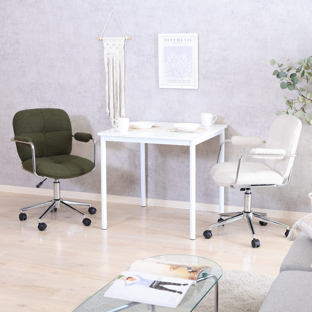 オフィスチェア 昇降式 座面高45~54cm ルル ( ワークチェア パソコンチェア 学習椅子 高さ調節 回転 ブークレ生地 もこもこ 在宅 仕事 勉強 座り心地 快適 勉強椅子 イス 椅子 オフィス キャスター付き ) 【ホワイト】 ホワイト