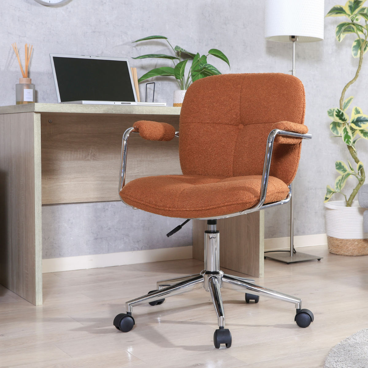 オフィスチェア 昇降式 座面高45~54cm ルル ( ワークチェア パソコンチェア 学習椅子 高さ調節 回転 ブークレ生地 もこもこ 在宅 仕事 勉強 座り心地 快適 勉強椅子 イス 椅子 オフィス キャスター付き ) 【ホワイト】 ホワイト