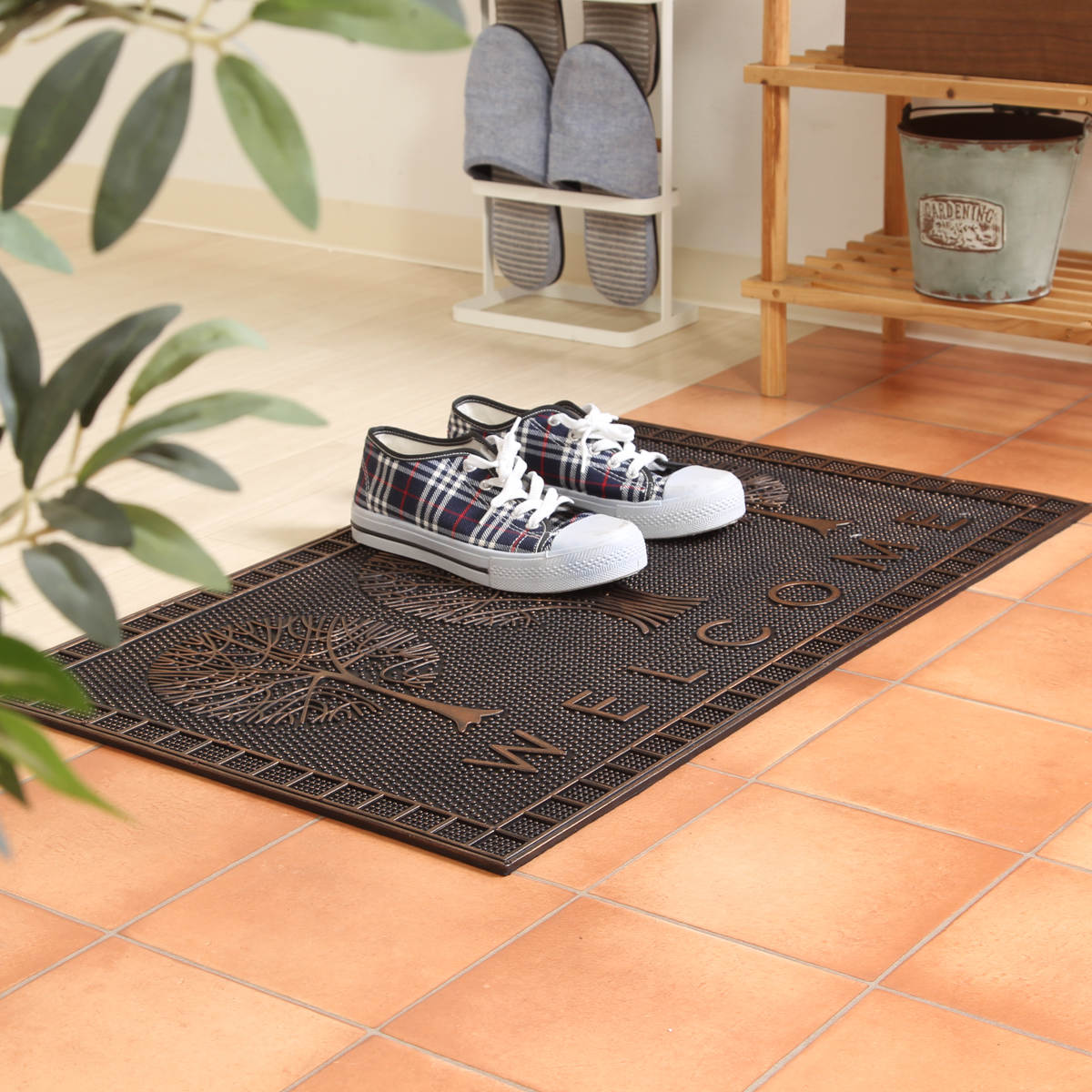 玄関マット 屋外 ラバーマット 北欧 45×75 ( 泥落とし 洗える 水洗い 弾力 マット 滑り止め 雨 ラバー ゴム 幅75cm おしゃれ カフェ ベランダ デッキ テラス 玄関 ゴム素材 外用 室内 薄手 ) 【チェック】 チェック