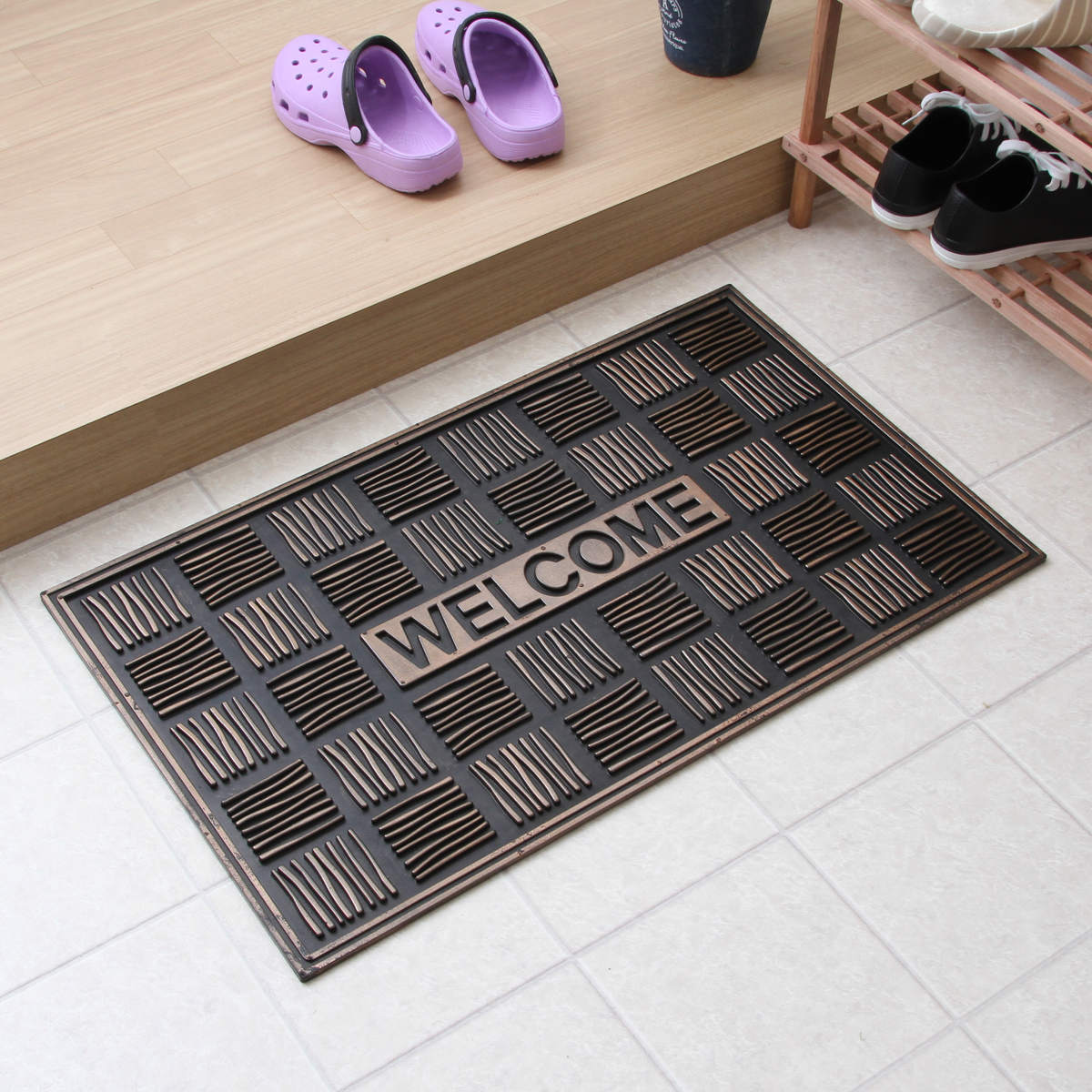 玄関マット 屋外 ラバーマット 北欧 45×75 ( 泥落とし 洗える 水洗い 弾力 マット 滑り止め 雨 ラバー ゴム 幅75cm おしゃれ カフェ ベランダ デッキ テラス 玄関 ゴム素材 外用 室内 薄手 ) 【チェック】 チェック