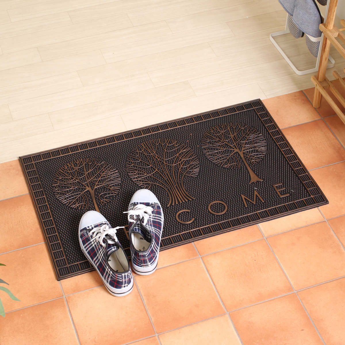 玄関マット 屋外 ラバーマット 北欧 45×75 ( 泥落とし 洗える 水洗い 弾力 マット 滑り止め 雨 ラバー ゴム 幅75cm おしゃれ カフェ ベランダ デッキ テラス 玄関 ゴム素材 外用 室内 薄手 ) 【チェック】 チェック