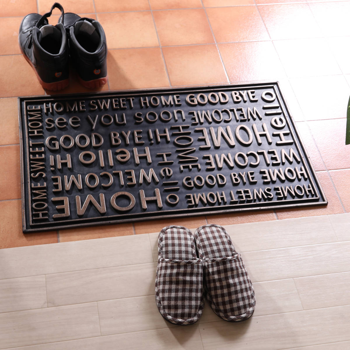 玄関マット 屋外 ラバーマット 北欧 45×75 ( 泥落とし 洗える 水洗い 弾力 マット 滑り止め 雨 ラバー ゴム 幅75cm おしゃれ カフェ ベランダ デッキ テラス 玄関 ゴム素材 外用 室内 薄手 ) 【チェック】 チェック