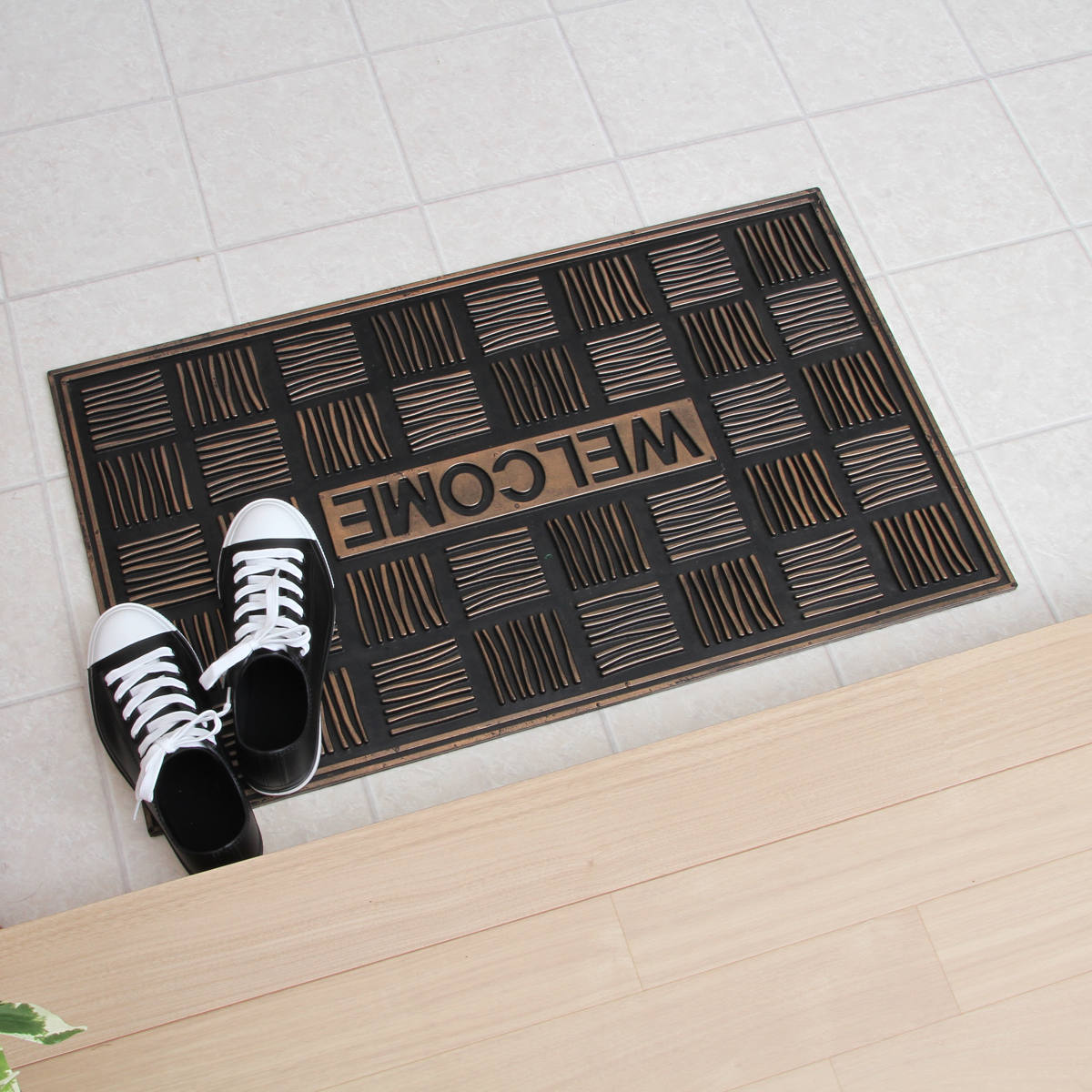 玄関マット 屋外 ラバーマット 北欧 45×75 ( 泥落とし 洗える 水洗い 弾力 マット 滑り止め 雨 ラバー ゴム 幅75cm おしゃれ カフェ ベランダ デッキ テラス 玄関 ゴム素材 外用 室内 薄手 ) 【チェック】 チェック