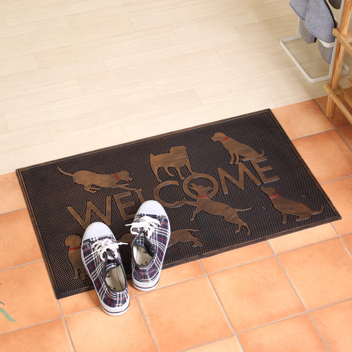 玄関マット 屋外 ラバーマット 犬 45×75 ( 泥落とし 洗える 水洗い 弾力 マット 滑り止め 雨 ラバー ゴム 幅75cm イヌ おしゃれ カフェ ベランダ デッキ テラス 玄関 ゴム素材 外用 室内 薄手 ペット ) 【ドッグアソート】 ドッグアソート