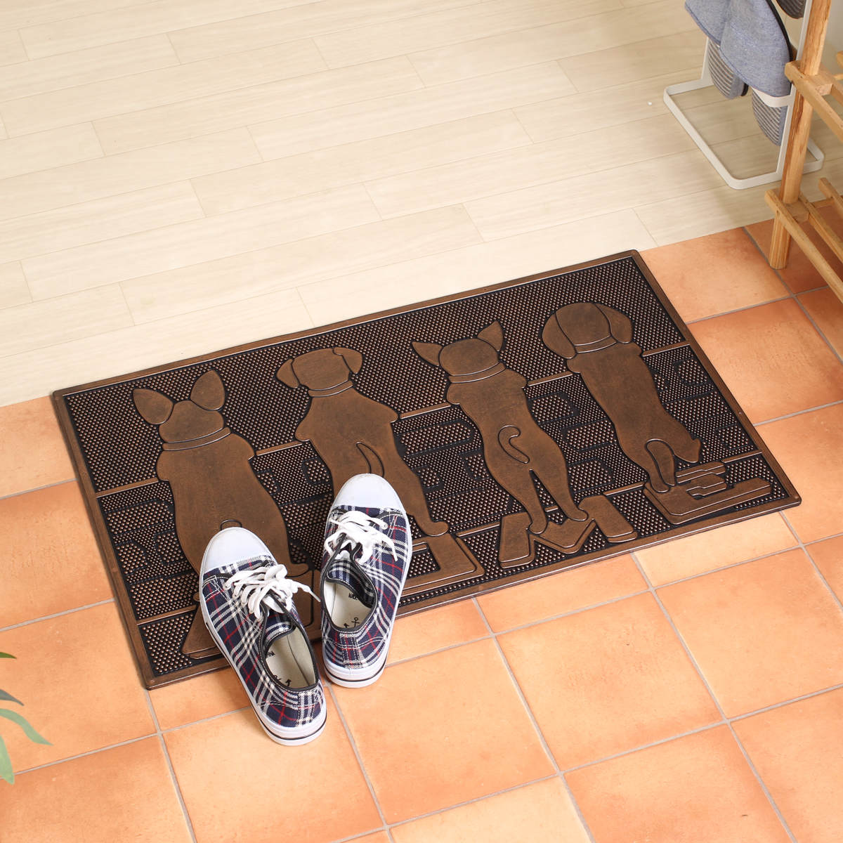 玄関マット 屋外 ラバーマット 犬 45×75 ( 泥落とし 洗える 水洗い 弾力 マット 滑り止め 雨 ラバー ゴム 幅75cm イヌ おしゃれ カフェ ベランダ デッキ テラス 玄関 ゴム素材 外用 室内 薄手 ペット ) 【ドッグアソート】 ドッグアソート