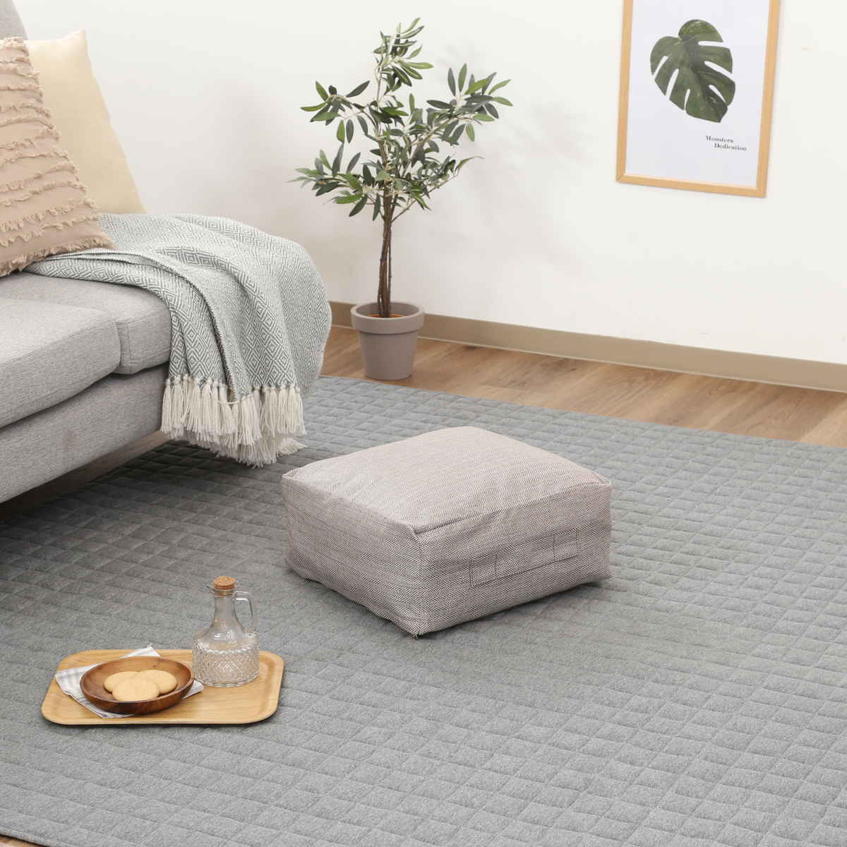 収納袋 布団収納 布団 収納できる クッションカバー シュシュ S スクエア ( 布団収納袋 クッション 布団収納クッションカバー ブランケット ひざ掛け 毛布 ふとん ふとん収納 カバー おしゃれ 持ち手付き 布団収納ケース ) 【ライトブラウン】 ライトブラウン