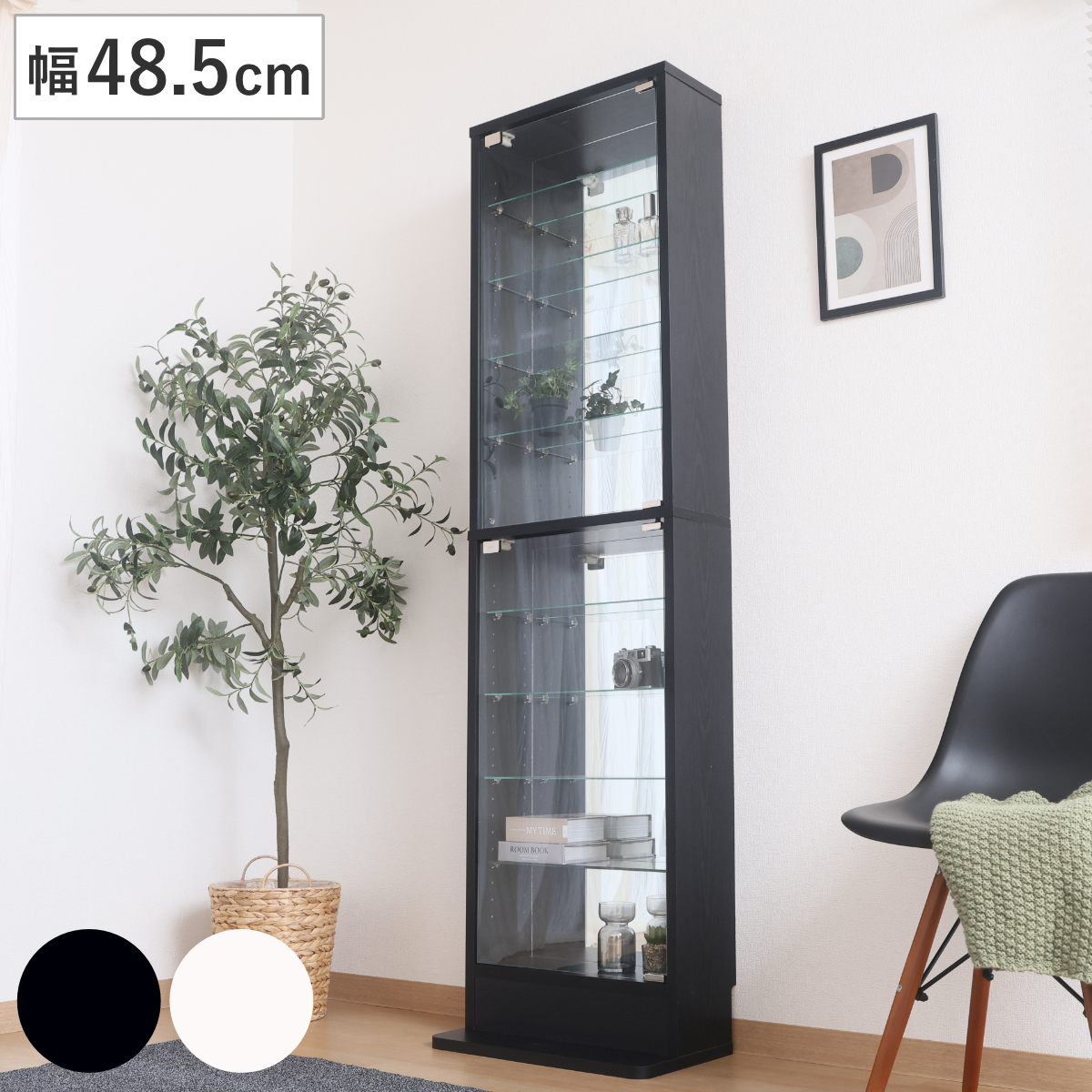 コレクションケース 幅48.5cm TOR ハイタイプ ミラー付き ガラス扉 （ ラック 棚 ディスプレイ 背面ミラー ウィスキー棚 ウイスキー棚 収納 展示 フィギュアケース 見せる収納 可動棚 ブラック ホワイト ） 【ホワイト】