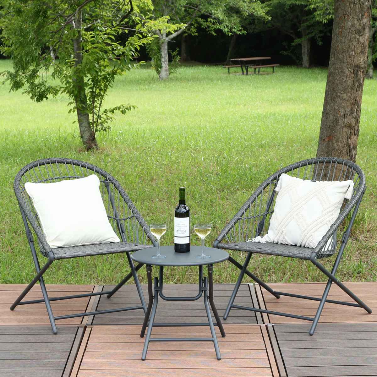 ガーデンテーブル&チェアセット elma ( ガーデン ソファ チェア テーブル 椅子 机 庭 屋外 センターテーブル 3点セット カフェ風 モダン インテリア バルコニー 室内 ホテル リゾート 折りたたみ 収納袋付 高級感 おしゃれ )