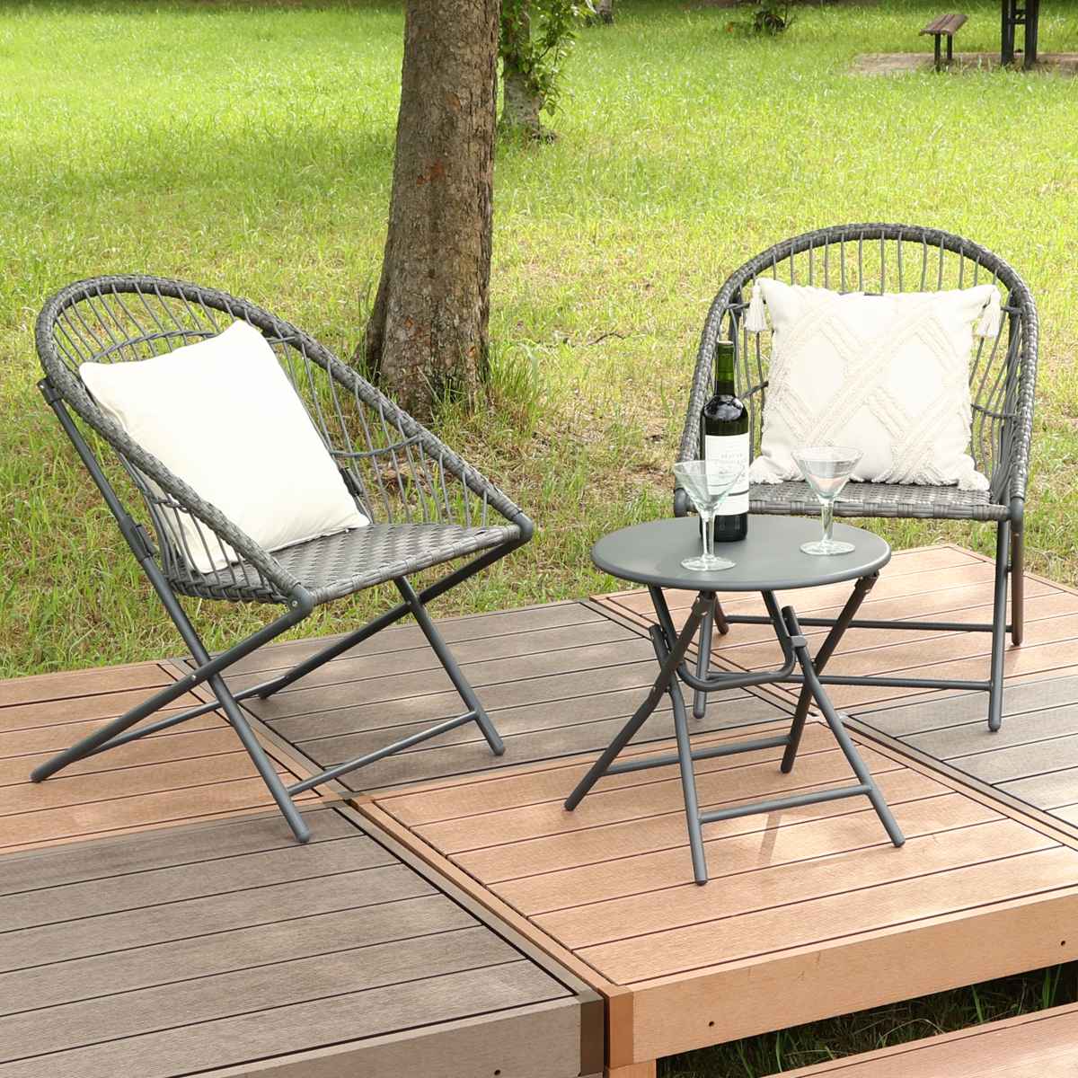 ガーデンテーブル&チェアセット elma ( ガーデン ソファ チェア テーブル 椅子 机 庭 屋外 センターテーブル 3点セット カフェ風 モダン インテリア バルコニー 室内 ホテル リゾート 折りたたみ 収納袋付 高級感 おしゃれ )