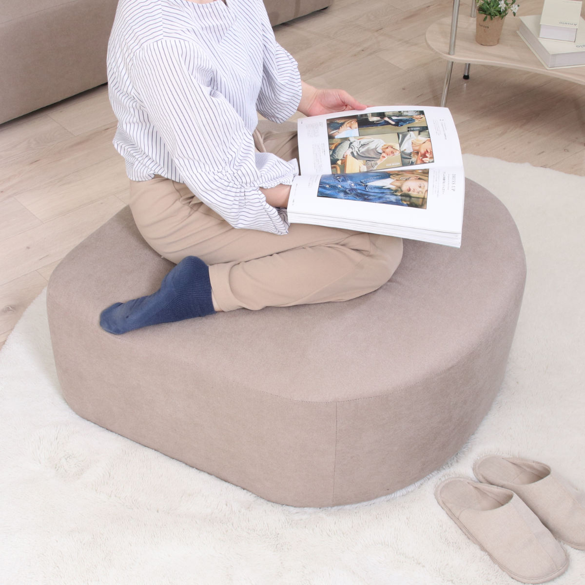 スツール オットマン 高さ35cm Chamill ( 足置き フロアソファ ローソファ ロータイプ 撥水生地 ファブリック 韓国インテリア ナチュラル くすみカラー ) 【アイボリー】 アイボリー