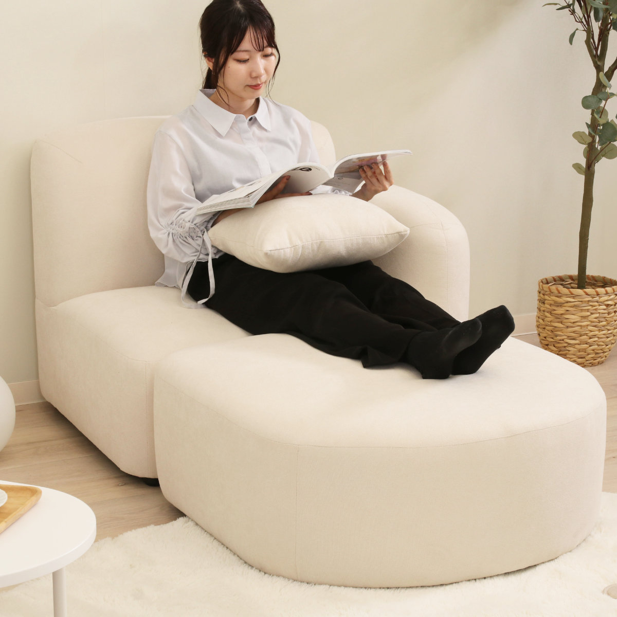 スツール オットマン 高さ35cm Chamill ( 足置き フロアソファ ローソファ ロータイプ 撥水生地 ファブリック 韓国インテリア ナチュラル くすみカラー ) 【アイボリー】 アイボリー