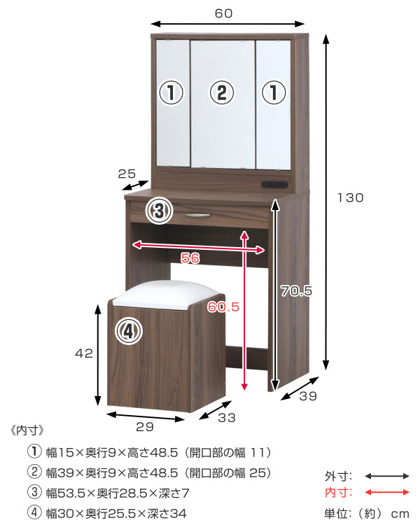 原産国中国三面鏡ドレッサー 化粧台 スツール付き 引き出し コスメ