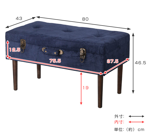 スツール 幅80cm トランク型 コーデュロイ トランクスツール 収納 椅子