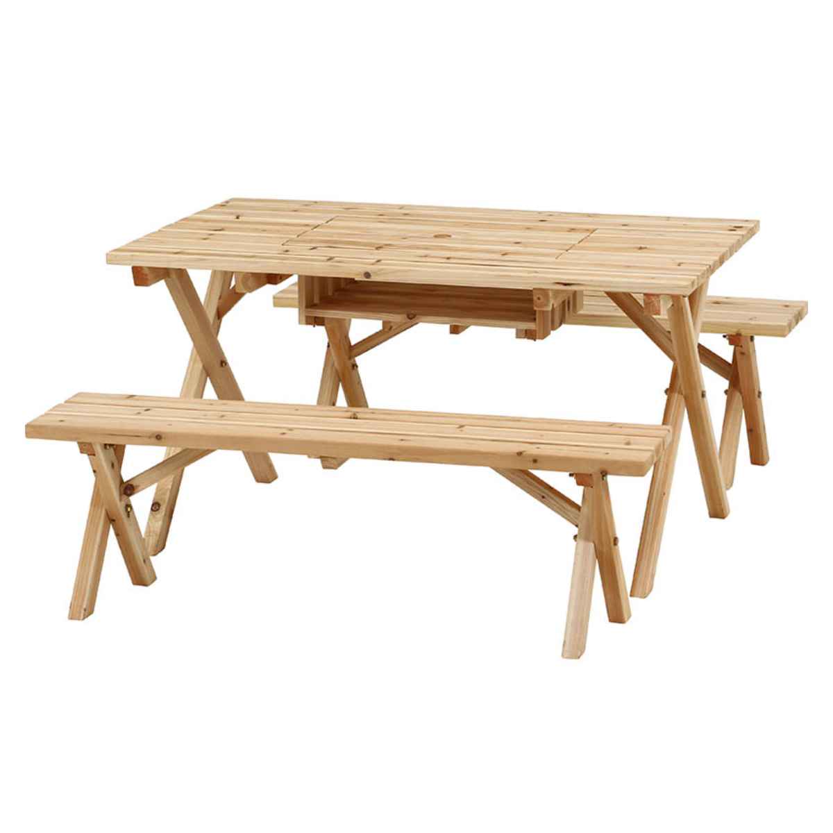 ガーデンテーブル BBQテーブル＆ベンチセット コンロスペース付 木製