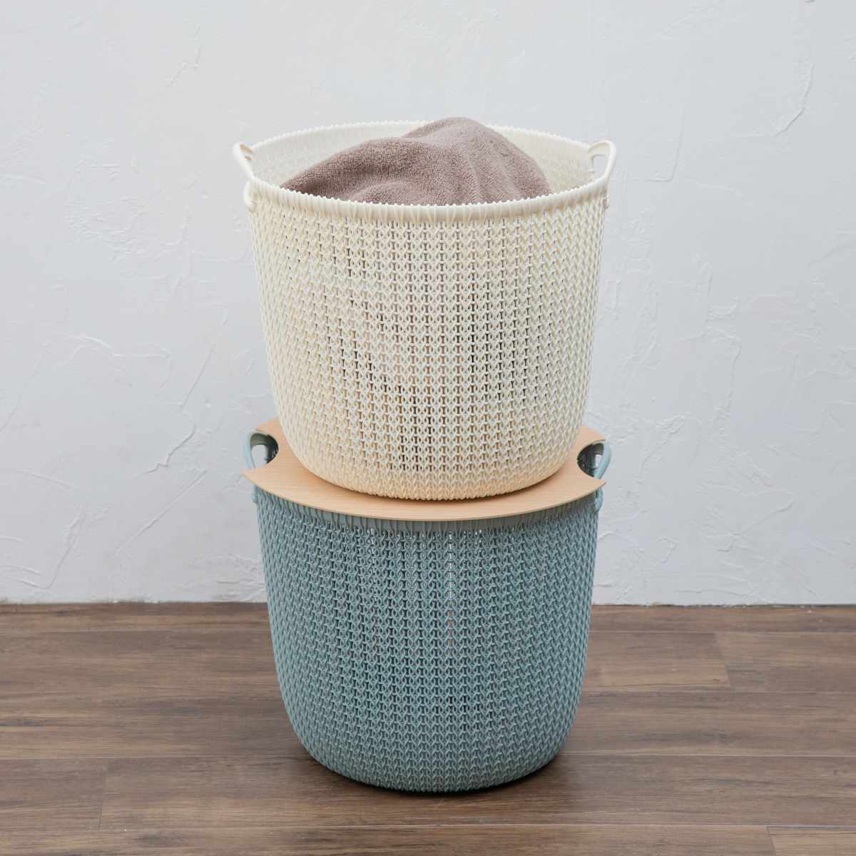 ふたカバー CURVER Knit ラウンドバスケット 30L用 ( カーバー ラウンドバスケット用 30L 蓋カバー ふた ラウンド専用 ニットバスケット フタ スタッキング サイドテーブル 小物置き 木目 )