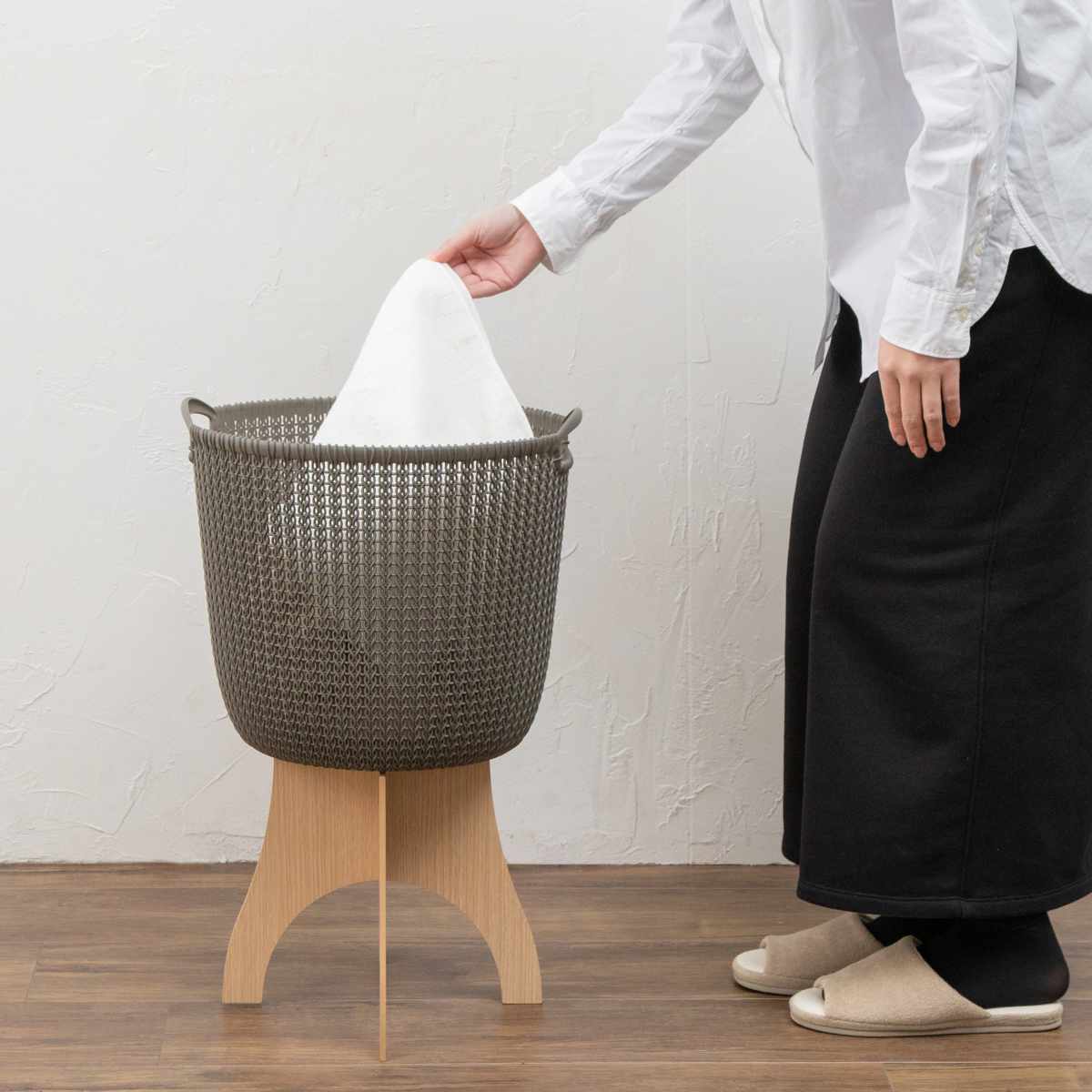 スタンド CURVER Knit ラウンドバスケット 30L用 ( カーバー ラウンドバスケット用 30L 専用スタンド ラウンド専用 ニットバスケット 脚 高さアップ 取り出しやすい 木目 )