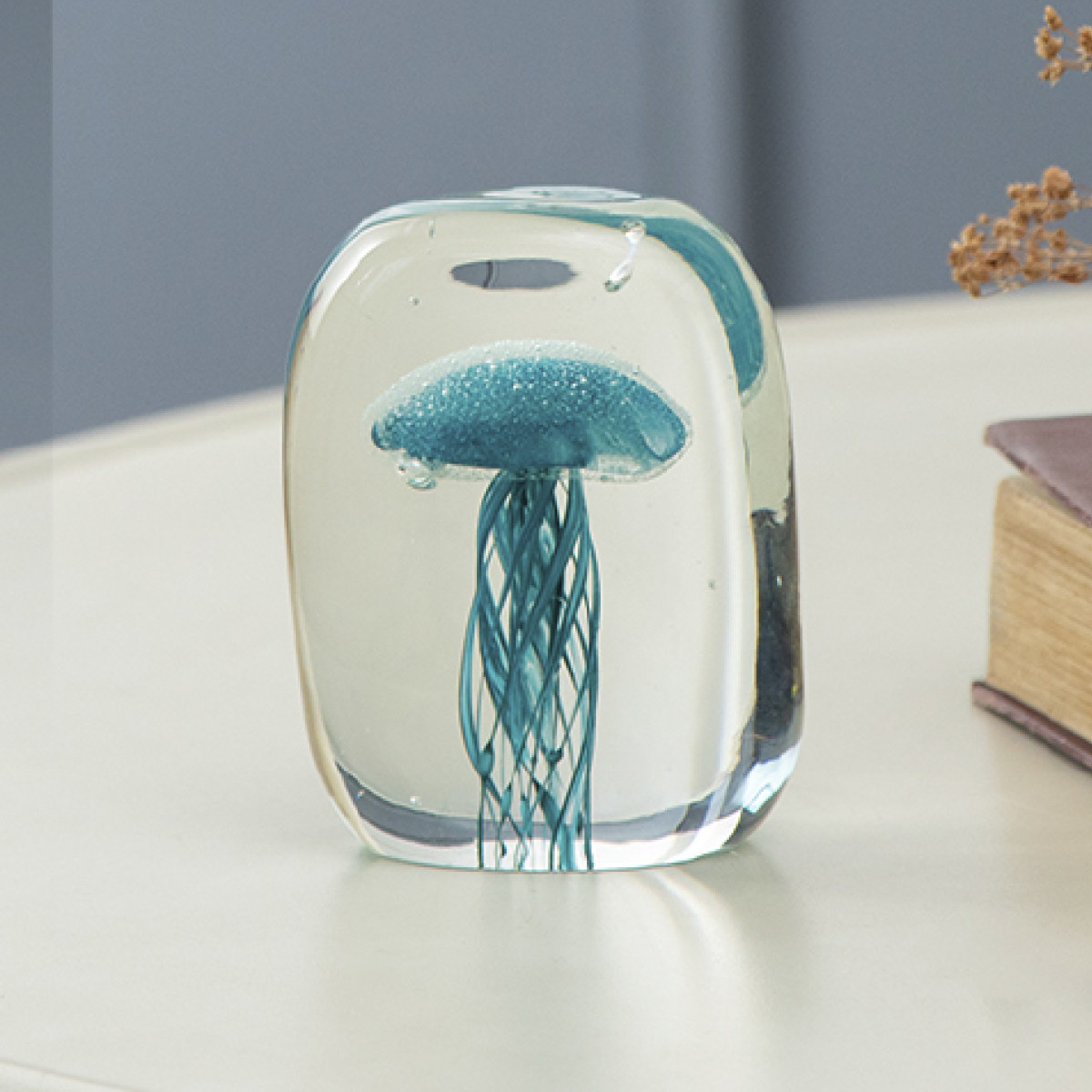 ガラスインテリアオブジェ(Glass interior objects) クラゲ M ( ガラス オブジェ 置き物 くらげ Mサイズ ガラス細工 玄関 コンパクト クリア 透明 ペーパーウェイト インテリア 水族館 海の生き物 ニッチ トイレ ) 【ブルー】 ブルー