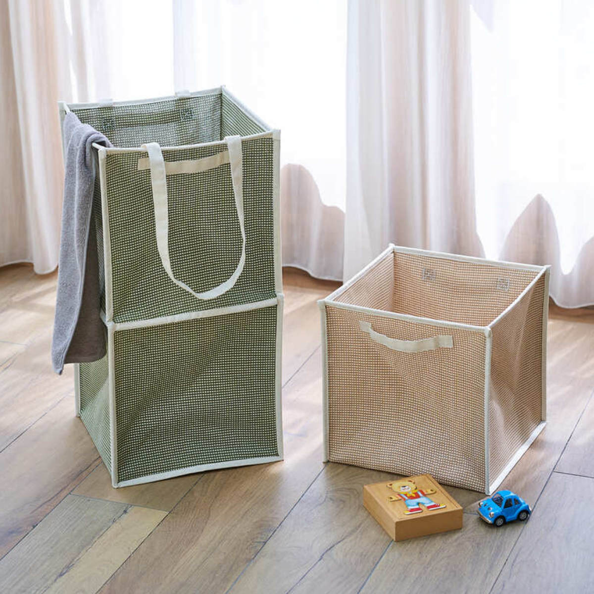 ランドリーバスケット 折りたたみ ピアット ダブル ( バスケット ランドリー 持ち手付 洗濯 脱衣かご 折り畳み 洗濯かご 隙間 収納 おもちゃ 水回り 脱衣所 玄関 シンプル 軽量 コットン ) 【カーキ】 カーキ