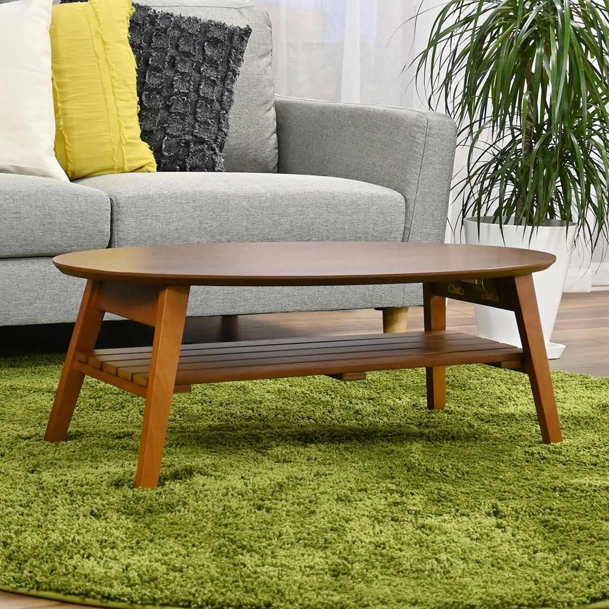 ローテーブル 幅90cm 楕円 棚付き 木製 オーバルテーブル ( テーブル リビングテーブル 折りたたみ 折れ脚 センターテーブル 収納付き 天然木 完成品 リビング ワンルーム コーヒーテーブル コンパクト 奥行45cm 木製テーブル )