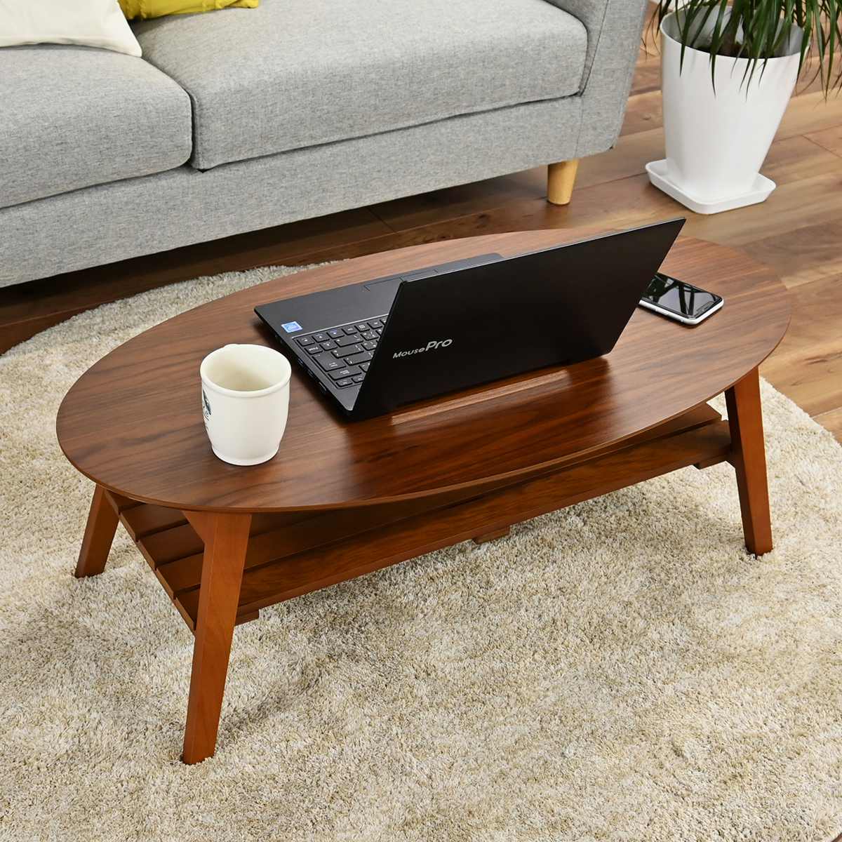 ローテーブル 幅90cm 楕円 棚付き 木製 オーバルテーブル ( テーブル リビングテーブル 折りたたみ 折れ脚 センターテーブル 収納付き 天然木 完成品 リビング ワンルーム コーヒーテーブル コンパクト 奥行45cm 木製テーブル )