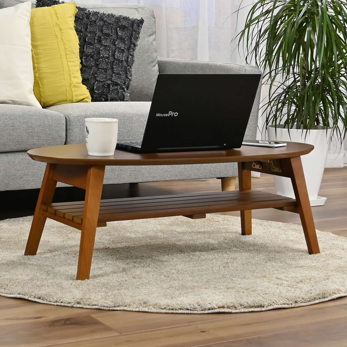 ローテーブル 幅90cm 楕円 棚付き 木製 オーバルテーブル ( テーブル リビングテーブル 折りたたみ 折れ脚 センターテーブル 収納付き 天然木 完成品 リビング ワンルーム コーヒーテーブル コンパクト 奥行45cm 木製テーブル )