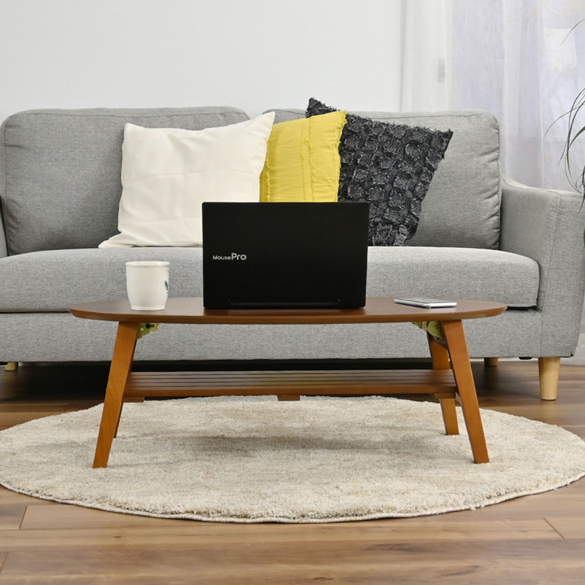 ローテーブル 幅90cm 楕円 棚付き 木製 オーバルテーブル ( テーブル リビングテーブル 折りたたみ 折れ脚 センターテーブル 収納付き 天然木 完成品 リビング ワンルーム コーヒーテーブル コンパクト 奥行45cm 木製テーブル )