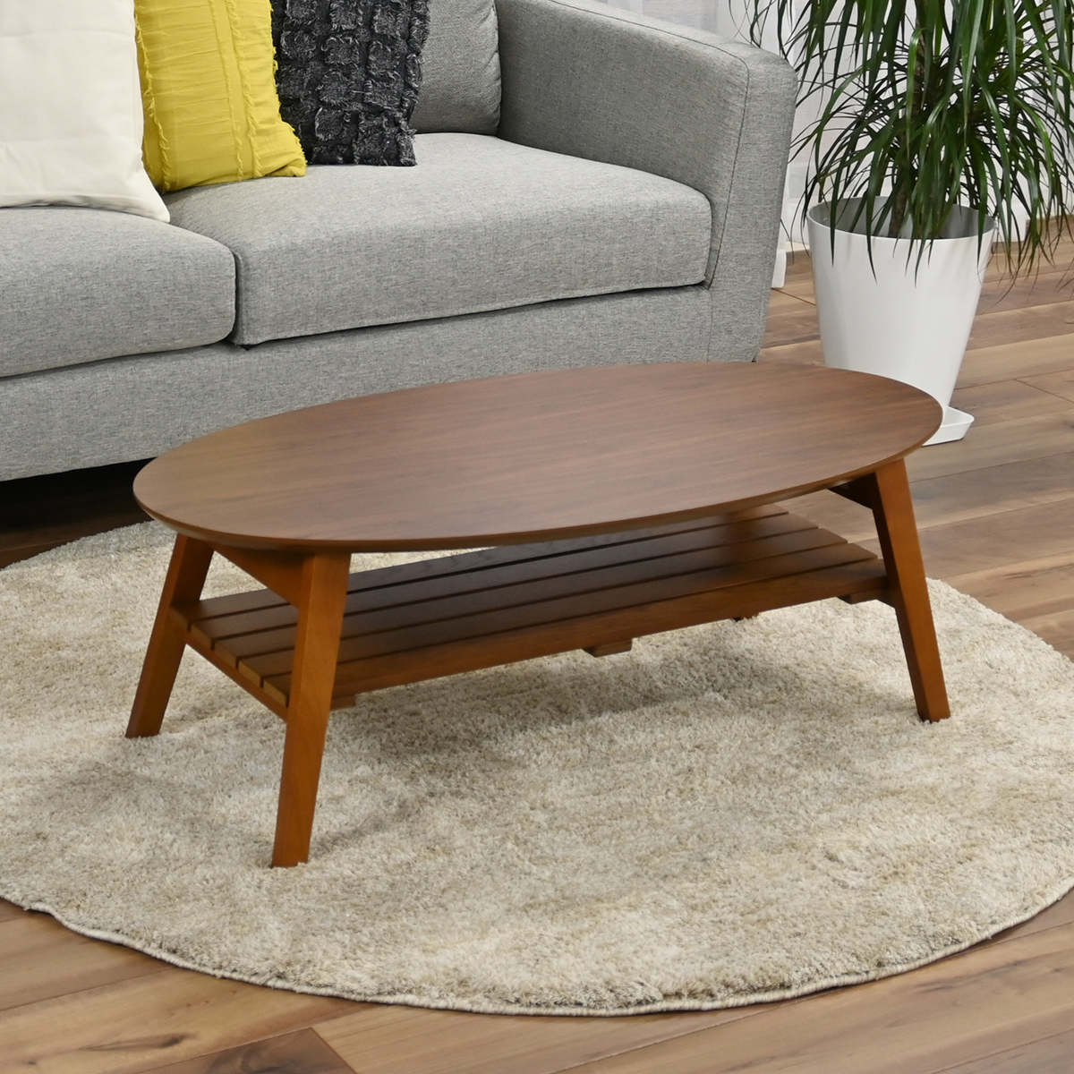 ローテーブル 幅90cm 楕円 棚付き 木製 オーバルテーブル ( テーブル リビングテーブル 折りたたみ 折れ脚 センターテーブル 収納付き 天然木 完成品 リビング ワンルーム コーヒーテーブル コンパクト 奥行45cm 木製テーブル )