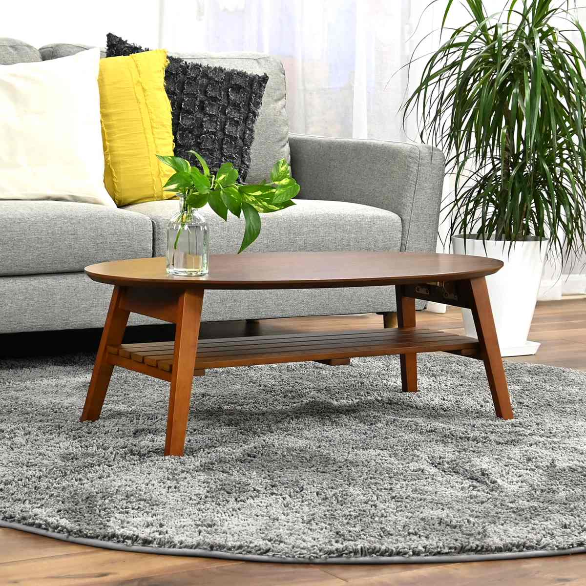 ローテーブル 幅90cm 楕円 棚付き 木製 オーバルテーブル ( テーブル リビングテーブル 折りたたみ 折れ脚 センターテーブル 収納付き 天然木 完成品 リビング ワンルーム コーヒーテーブル コンパクト 奥行45cm 木製テーブル )