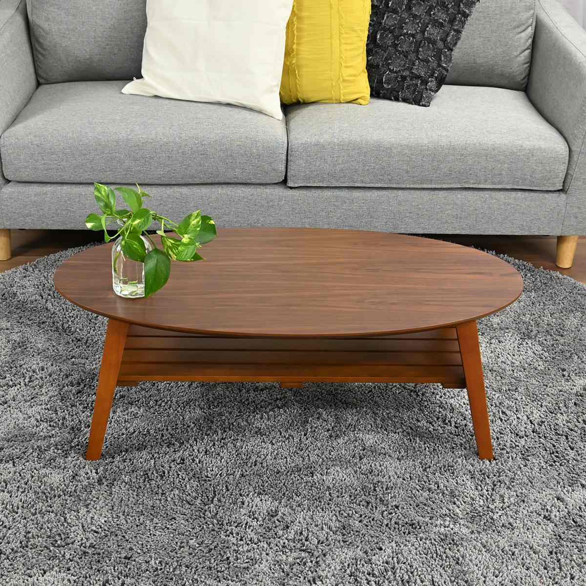 ローテーブル 幅90cm 楕円 棚付き 木製 オーバルテーブル ( テーブル リビングテーブル 折りたたみ 折れ脚 センターテーブル 収納付き 天然木 完成品 リビング ワンルーム コーヒーテーブル コンパクト 奥行45cm 木製テーブル )