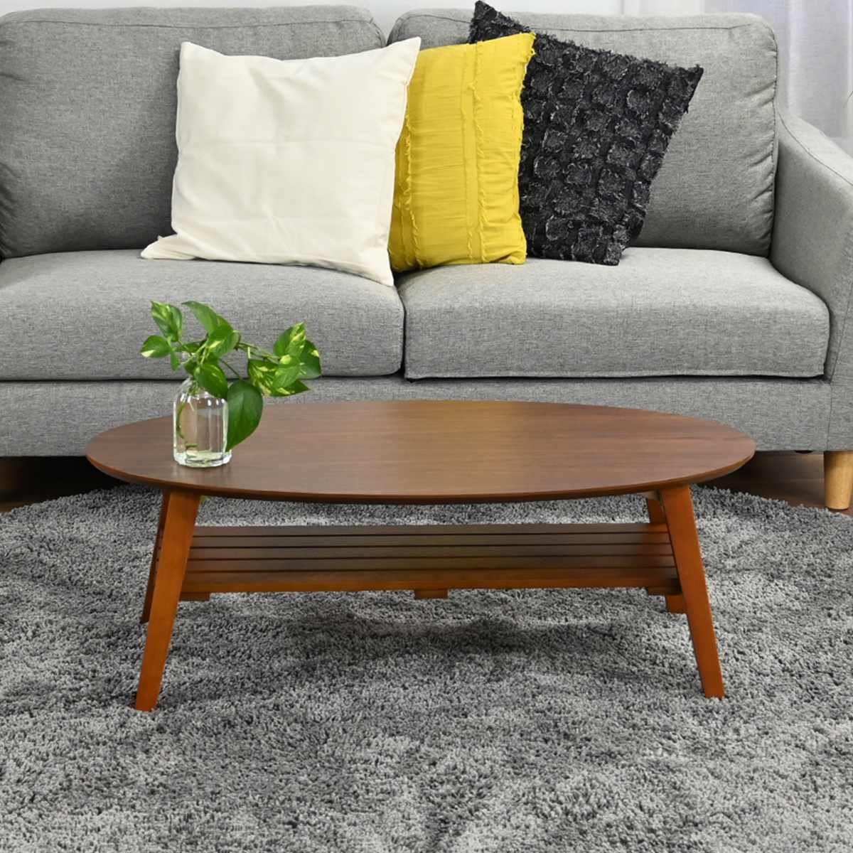 ローテーブル 幅90cm 楕円 棚付き 木製 オーバルテーブル ( テーブル リビングテーブル 折りたたみ 折れ脚 センターテーブル 収納付き 天然木 完成品 リビング ワンルーム コーヒーテーブル コンパクト 奥行45cm 木製テーブル )