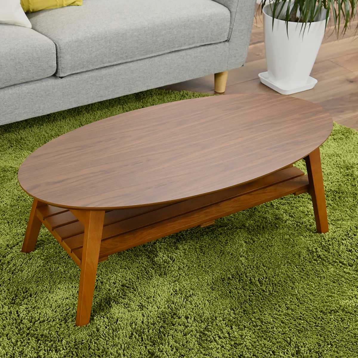 ローテーブル 幅90cm 楕円 棚付き 木製 オーバルテーブル ( テーブル リビングテーブル 折りたたみ 折れ脚 センターテーブル 収納付き 天然木 完成品 リビング ワンルーム コーヒーテーブル コンパクト 奥行45cm 木製テーブル )