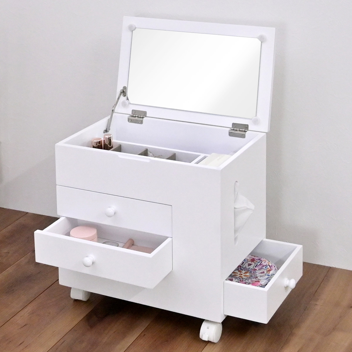 メイクワゴン ロータイプ キャスター付き ドレッサー ( ワゴン 鏡 ミラー 棚 ラック コスメワゴン 省スペース ホワイト シンプル コスメ収納 コンパクト 引き出し )