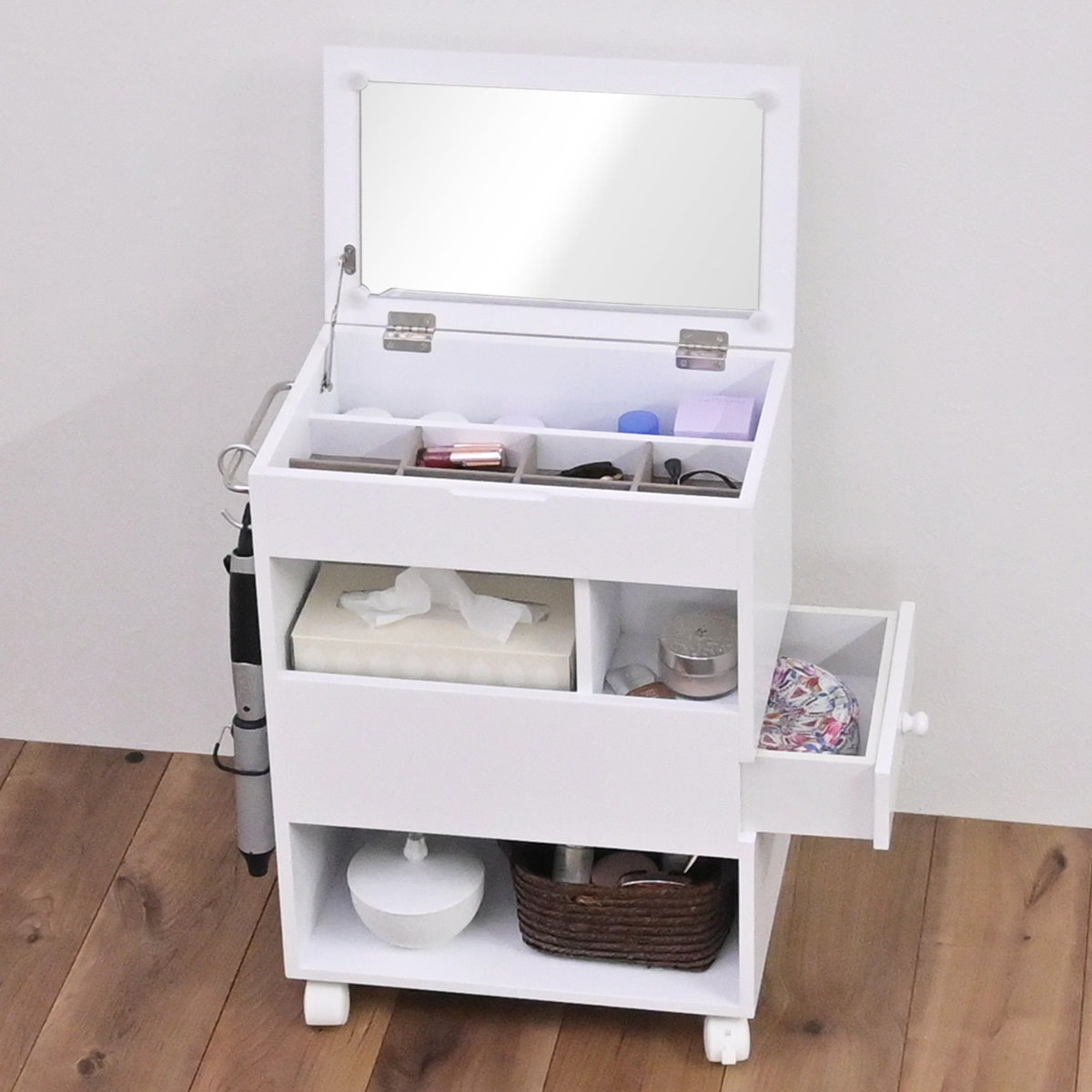 メイクワゴン スリムタイプ キャスター付き ドレッサー ( ワゴン 鏡 ミラー 棚 ラック コスメワゴン 省スペース ホワイト シンプル コスメ収納 コンパクト 引き出し )