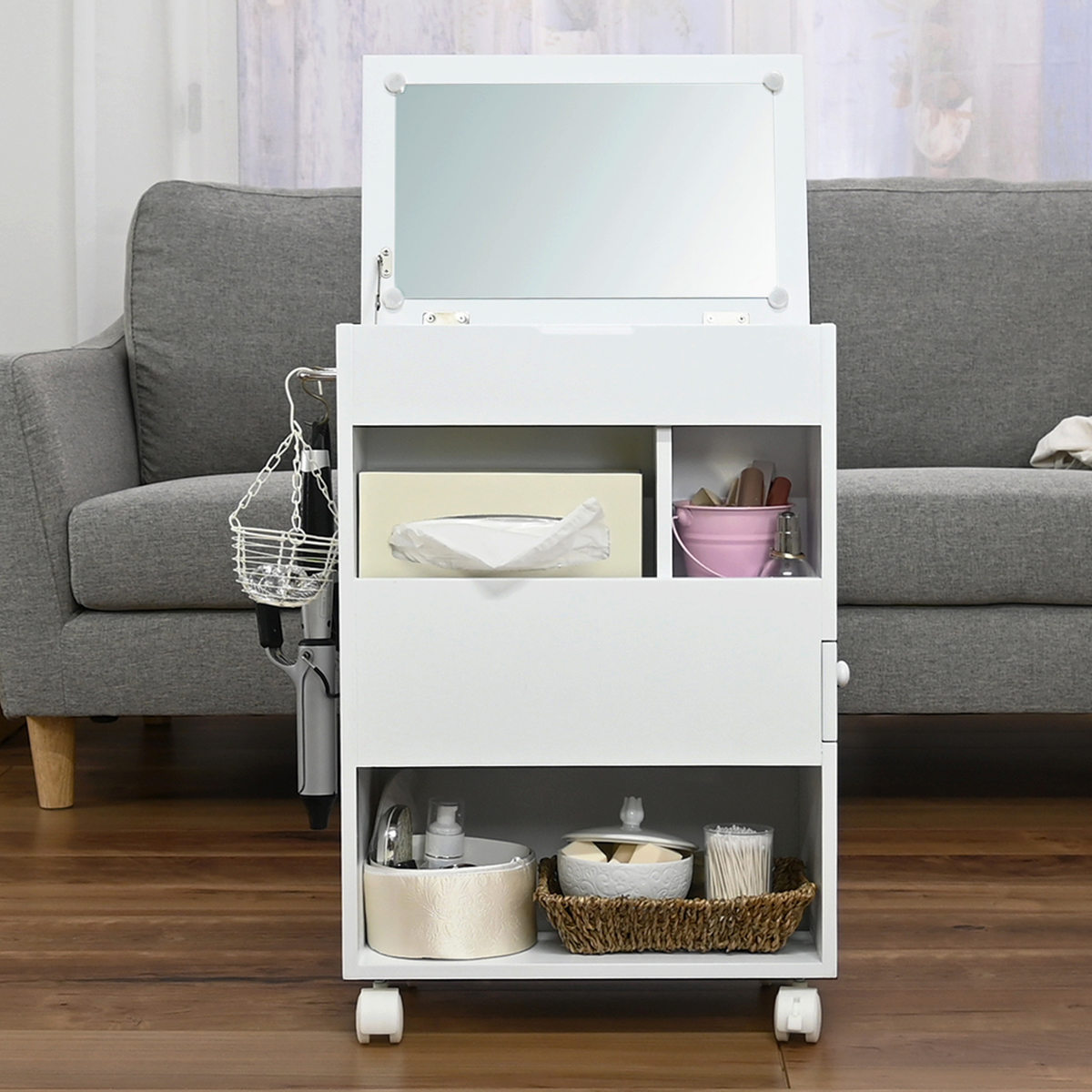 メイクワゴン スリムタイプ キャスター付き ドレッサー ( ワゴン 鏡 ミラー 棚 ラック コスメワゴン 省スペース ホワイト シンプル コスメ収納 コンパクト 引き出し )
