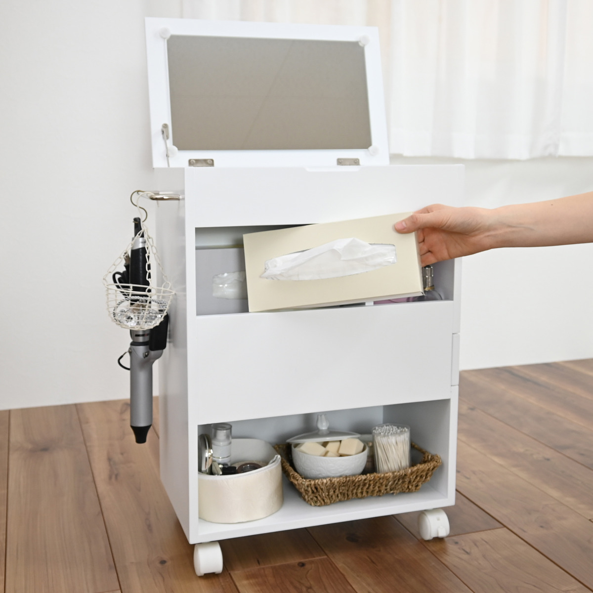 メイクワゴン スリムタイプ キャスター付き ドレッサー ( ワゴン 鏡 ミラー 棚 ラック コスメワゴン 省スペース ホワイト シンプル コスメ収納 コンパクト 引き出し )