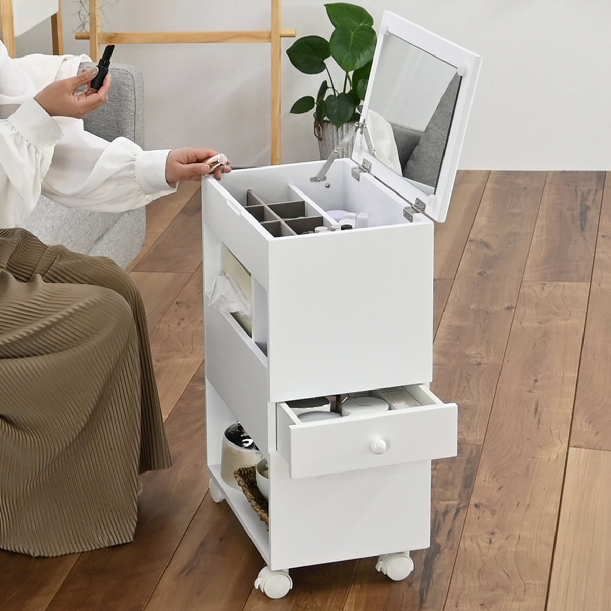 メイクワゴン スリムタイプ キャスター付き ドレッサー ( ワゴン 鏡 ミラー 棚 ラック コスメワゴン 省スペース ホワイト シンプル コスメ収納 コンパクト 引き出し )
