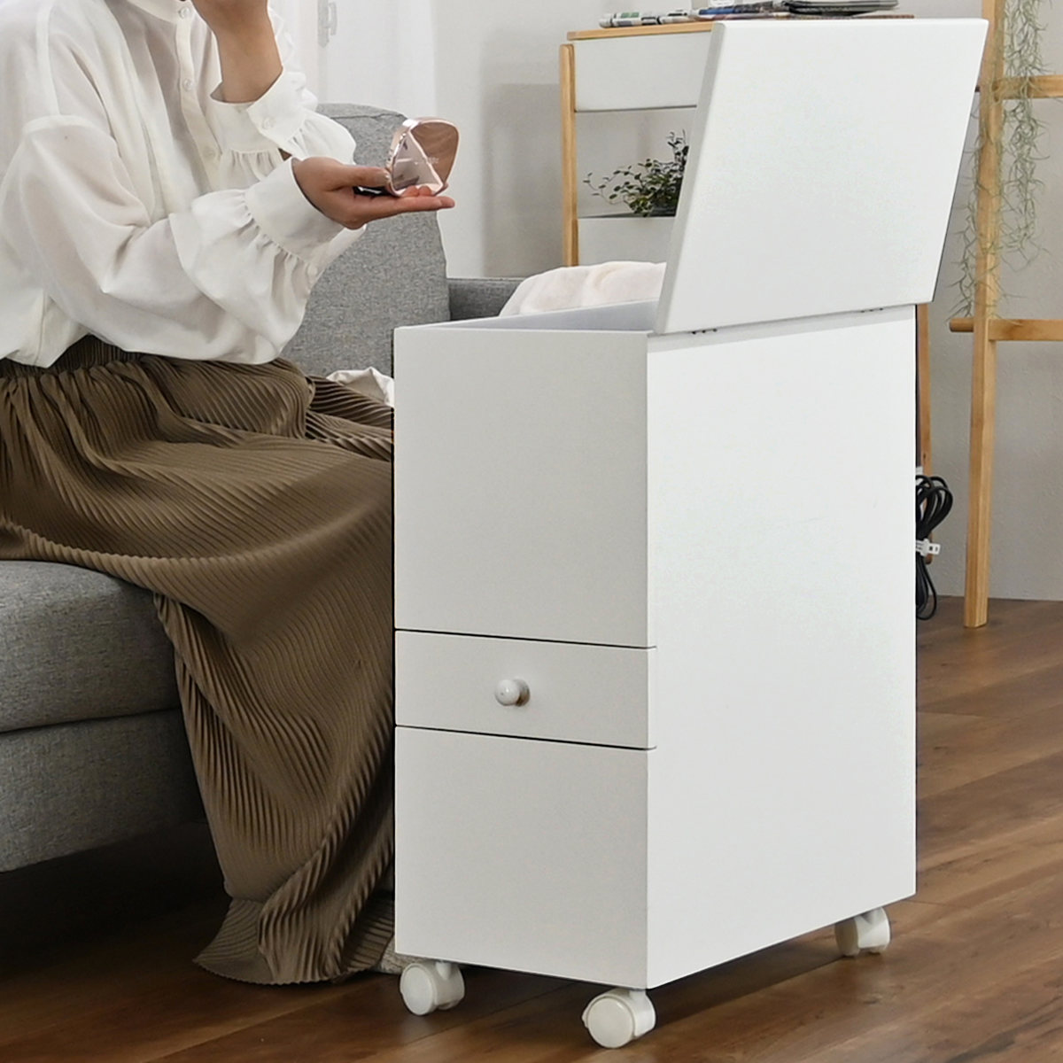 メイクワゴン スリムタイプ キャスター付き ドレッサー ( ワゴン 鏡 ミラー 棚 ラック コスメワゴン 省スペース ホワイト シンプル コスメ収納 コンパクト 引き出し )