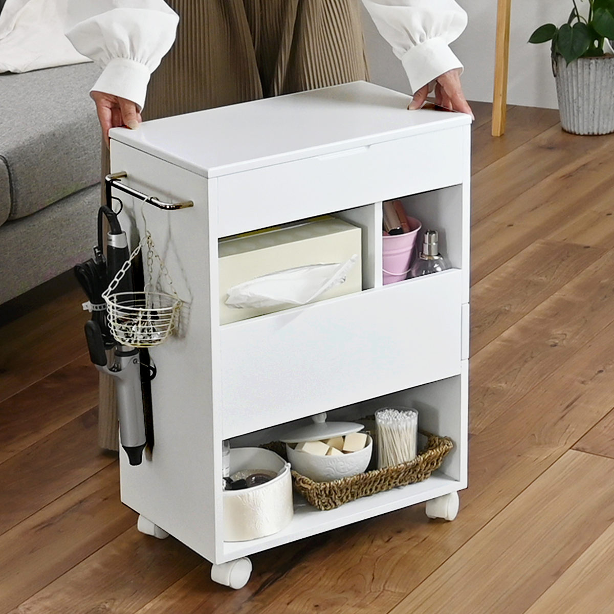 メイクワゴン スリムタイプ キャスター付き ドレッサー ( ワゴン 鏡 ミラー 棚 ラック コスメワゴン 省スペース ホワイト シンプル コスメ収納 コンパクト 引き出し )