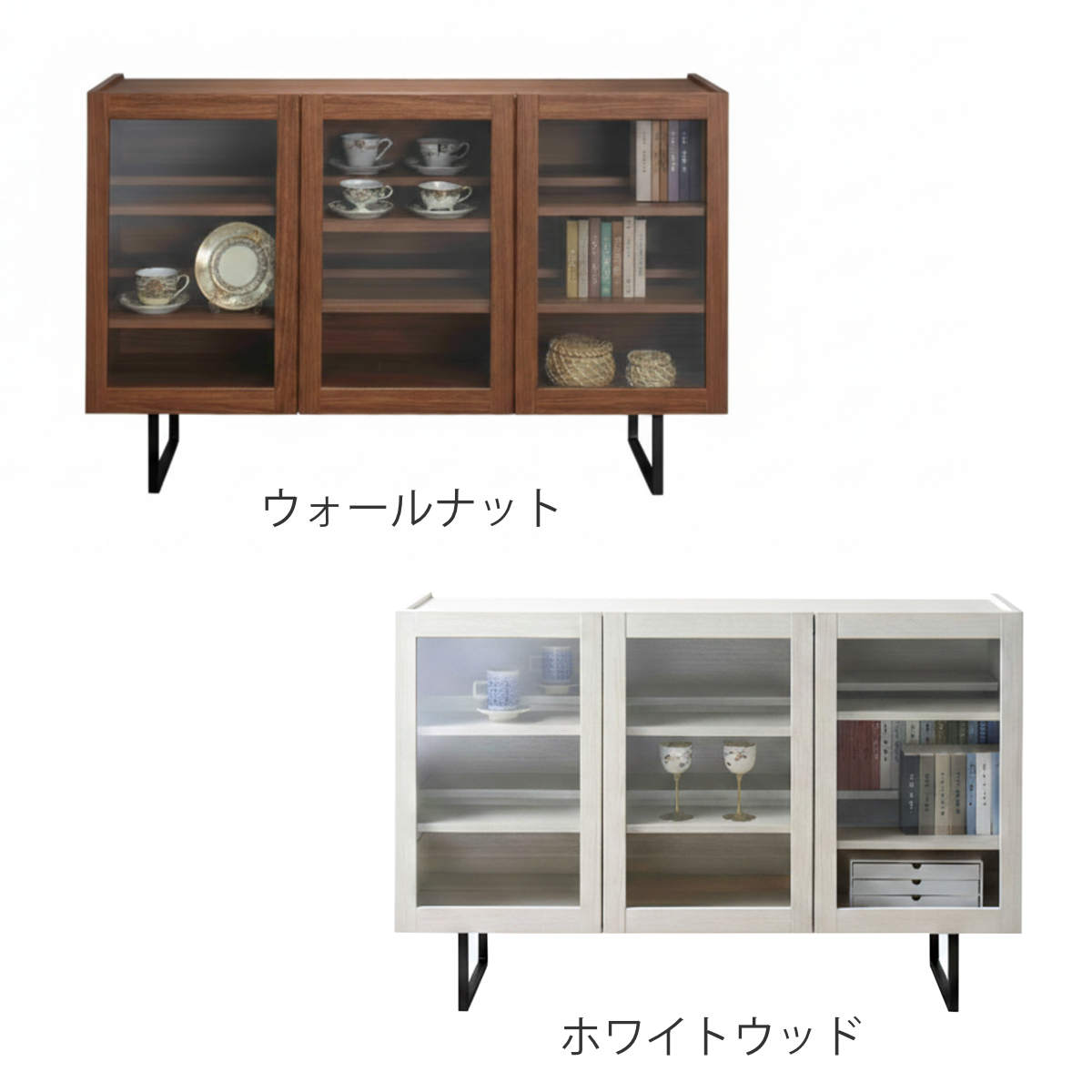 サイドボード 幅119.8cm 日本製 完成品 木目調 ガラス戸 可動棚 お掃除ロボット対応 ( リビングボード 棚 収納 家具 ガラス扉 前後可動棚 奥行スリム 低ホルムアルデヒド ウォールナット ホワイトウッド ) 【ホワイトウッド】 ホワイトウッド