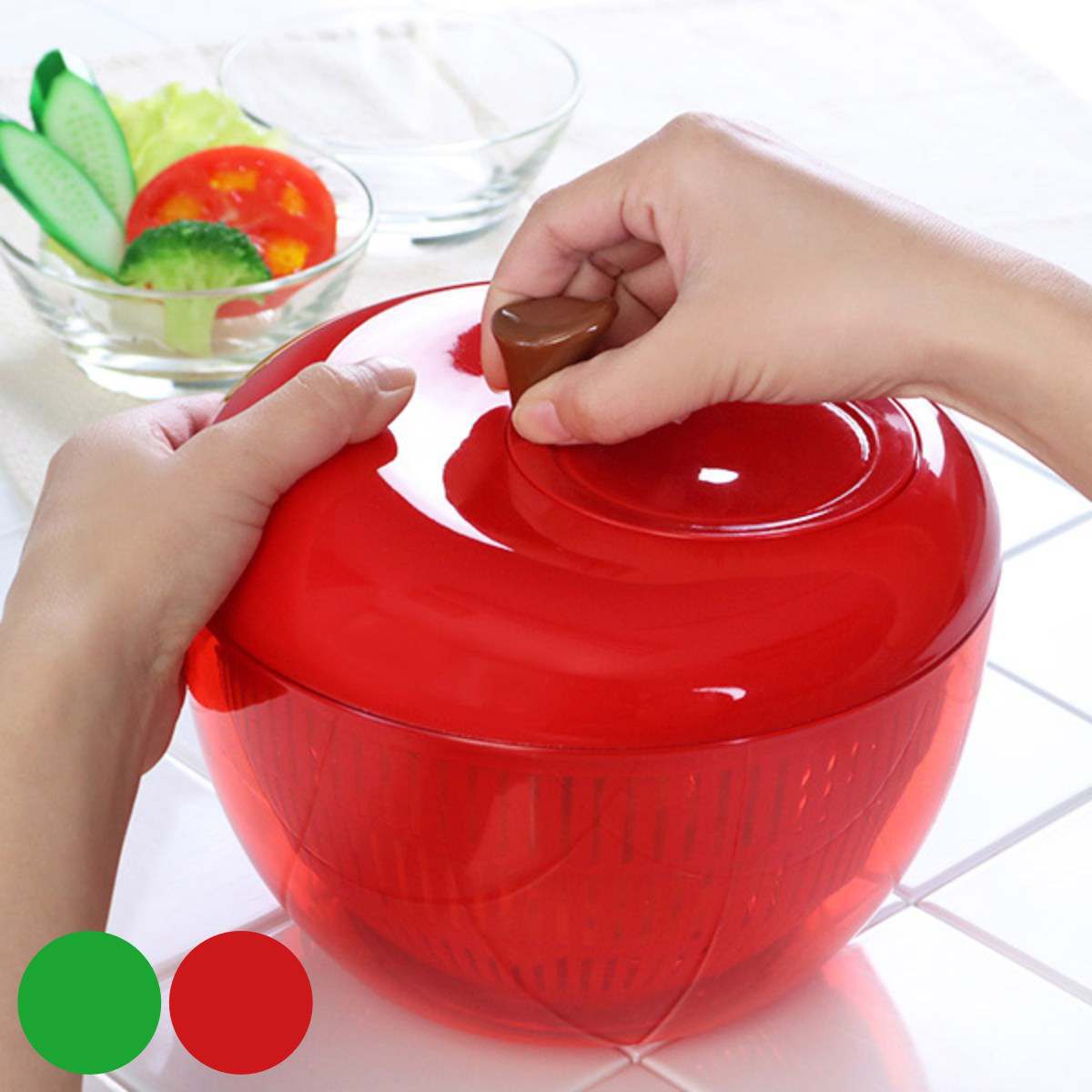 アップルサラダスピナー 野菜水切り器 りんご型 グリーン ( キッチン雑貨 キッチンツール キッチン用品 台所用品 調理用品 調理雑貨 リンゴ コランダー 手動 サラダ ) 【レッド】