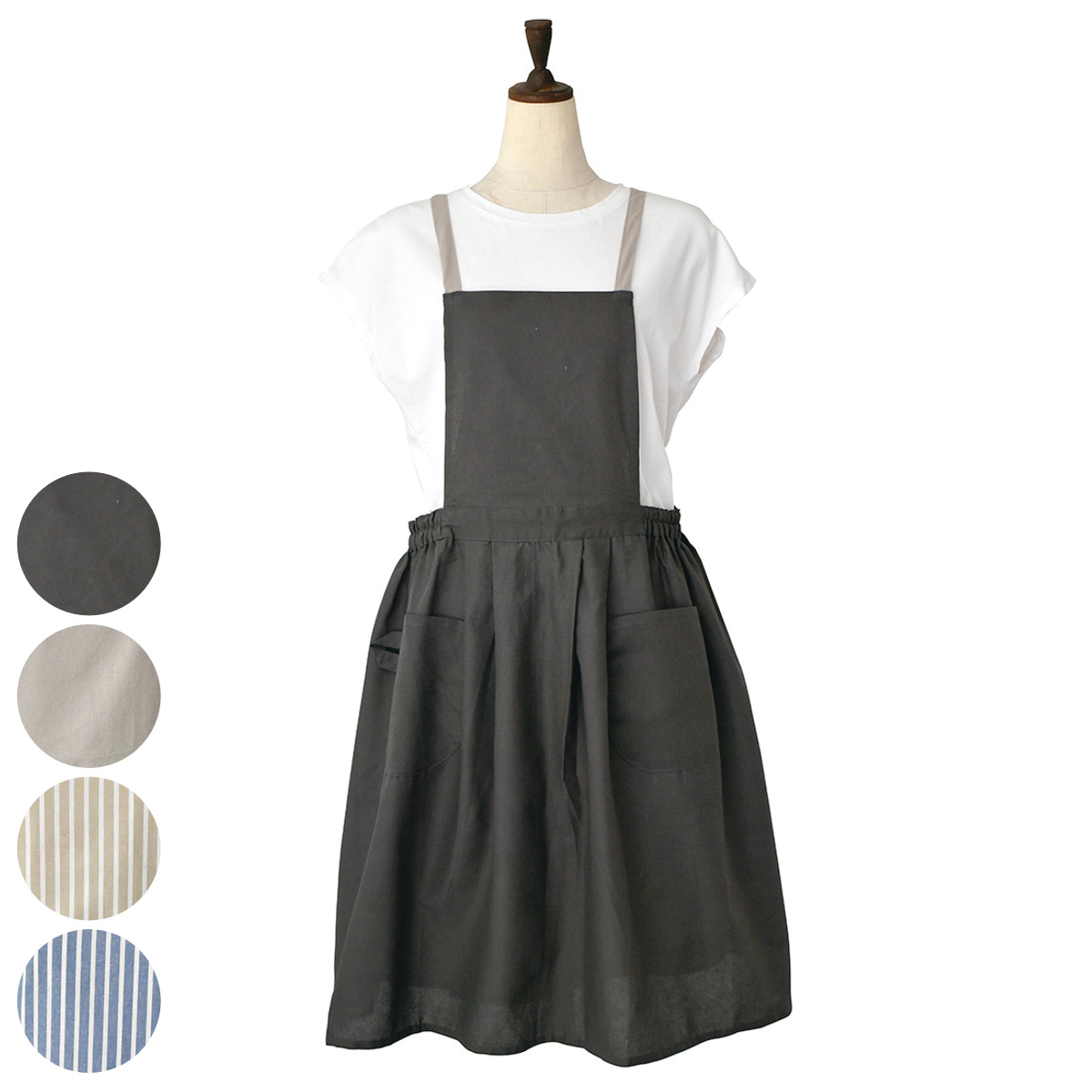 エプロン peplos ギャザーエプロン コットンリネン （ キッチンエプロン 台所エプロン 胸当てエプロン ボタン留め コットン リネン H型 ポケット付き ループ付き ゴム 大人用 レディース 綿 亜麻 ふんわり おしゃれ ） 【ブルー】