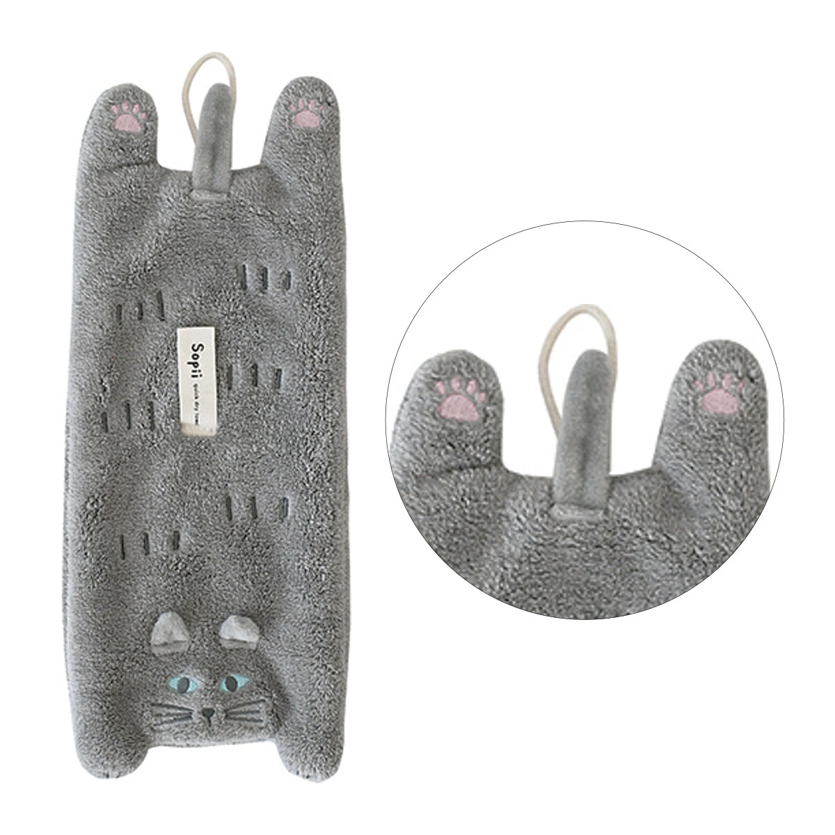 ハンドタオル ミニ クイックドライタオル キャット Sopii ( タオル マイクロファイバー 吸水 手拭きタオル デイリータオル ループ付き かわいい タオルハンカチ ミニタオル 手ふき 猫 ねこ 新生活 ギフト バス用品 ) 【グレー】 グレー
