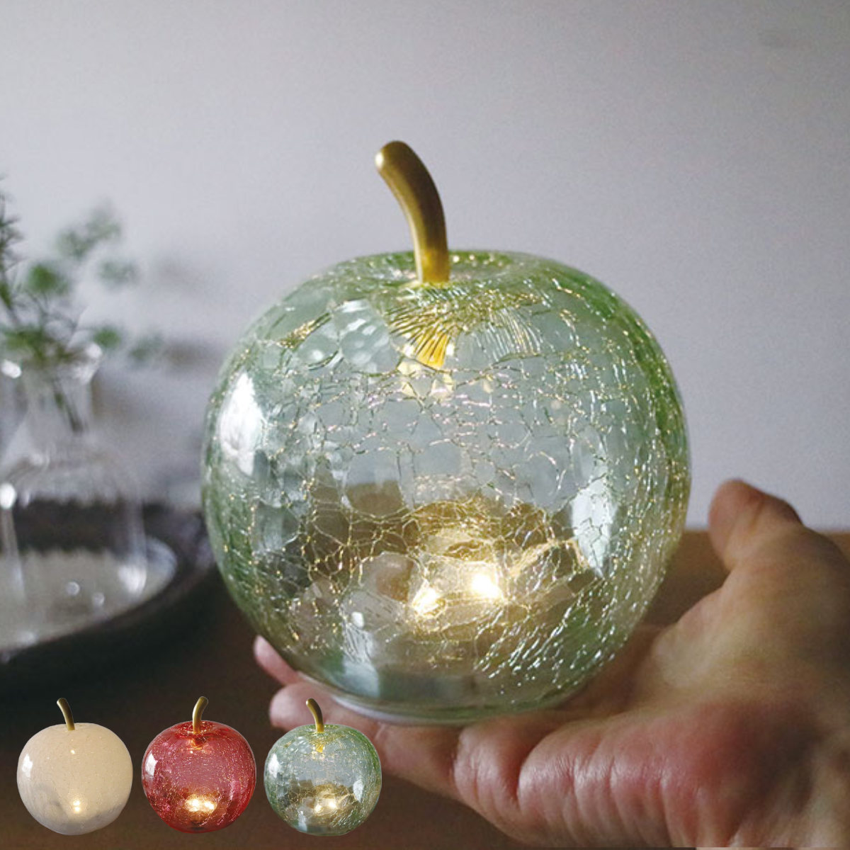 インテリアライト LUMO アップルランプ ガラス製 （ 間接照明 卓上 テーブルランプ 卓上ライト LED りんご アップル 電池式 インテリア 寝室 リビング 読書灯 授乳灯 常夜灯 おしゃれ かわいい クラックガラス オブジェ 置き物 ） 【ホワイト】