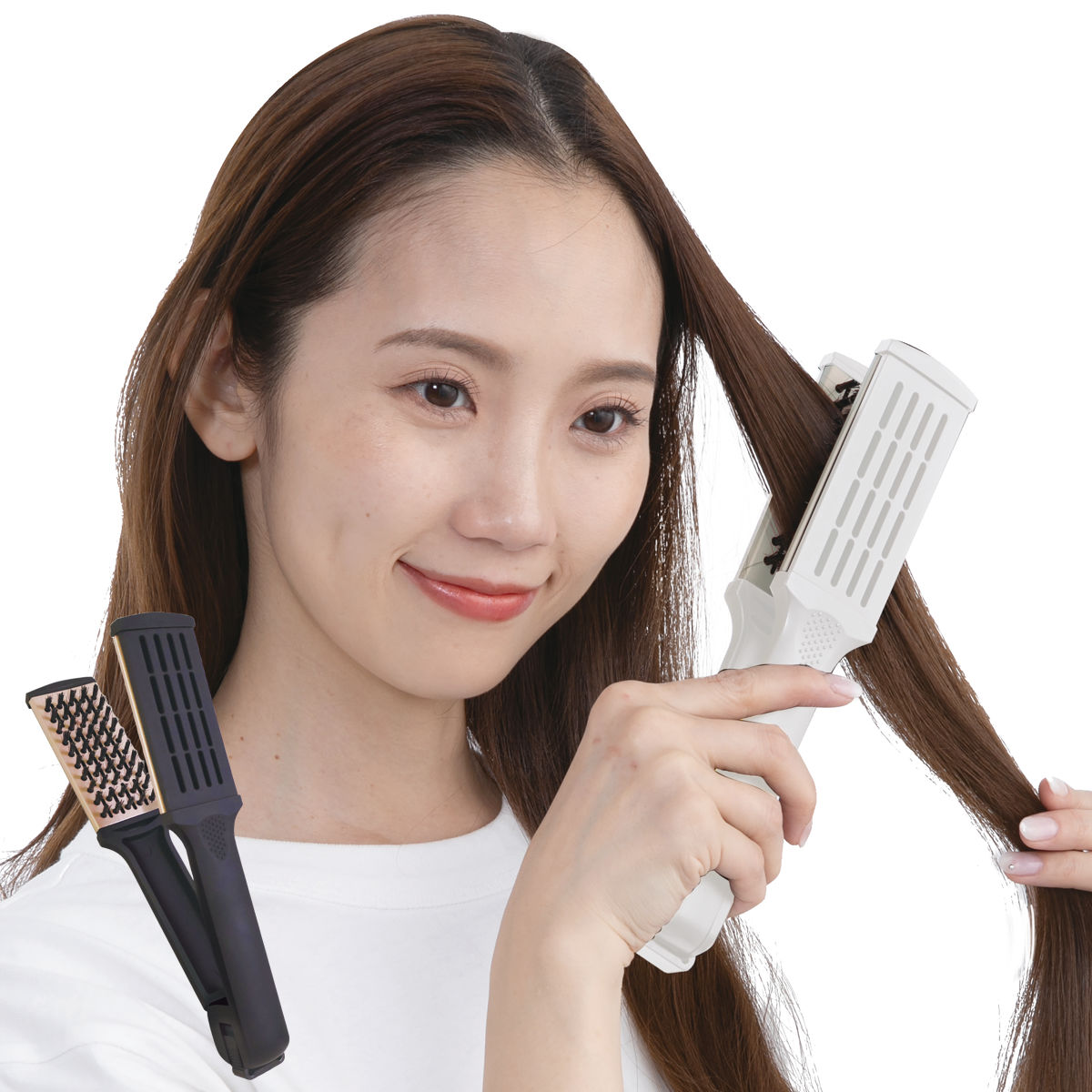 ブラシ ツインへアブラシ 挟む コンパクト ドライヤー ( ヘアブラシ 静電気 防止 髪の毛 髪 頭 携帯用 柄付き 豚毛 ナイロン毛 くし 櫛 メンズ レディース ヘアケア プレゼント ブラッシング サラサラ 美髪 ツヤ 寝癖 ) 【ホワイト】