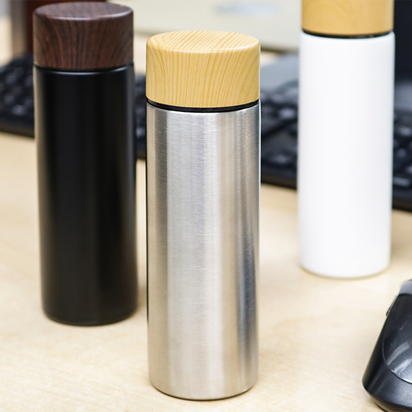 水筒 マグ ミニ 130ml 木目調 サーモステンレスボトル 直飲み ( 保温 保冷 軽量 マグボトル サイズ ミニボトル ステンレスボトル ダイレクトボトル 大人 直のみ すいとう スリム マグ ボトル コンパクト 広口 マイボトル おしゃれ ) 【シルバー】 シルバー